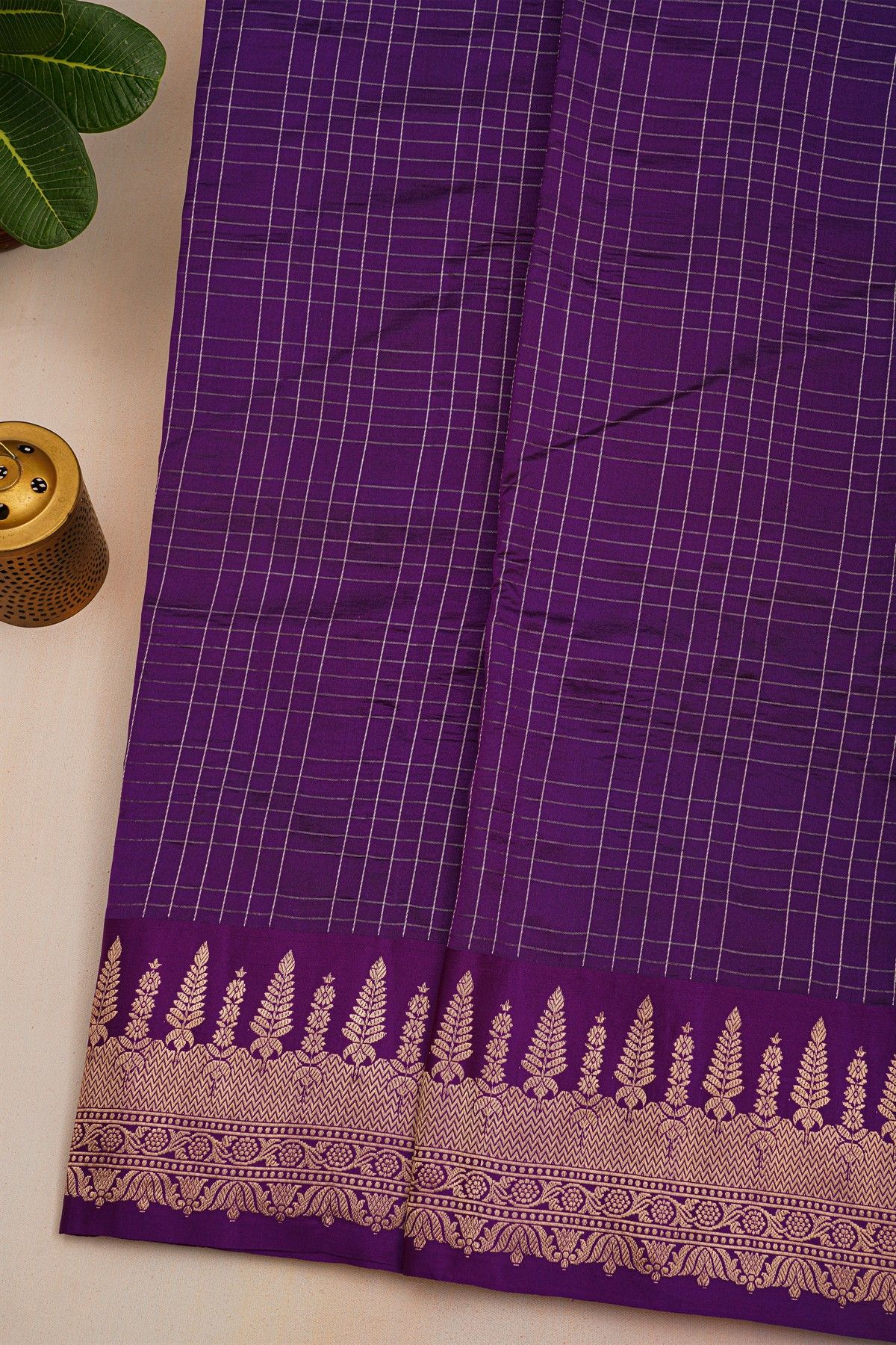 Fancy Matka Silk Purple Saree With Checks Body And Self Florals And Leaves Border