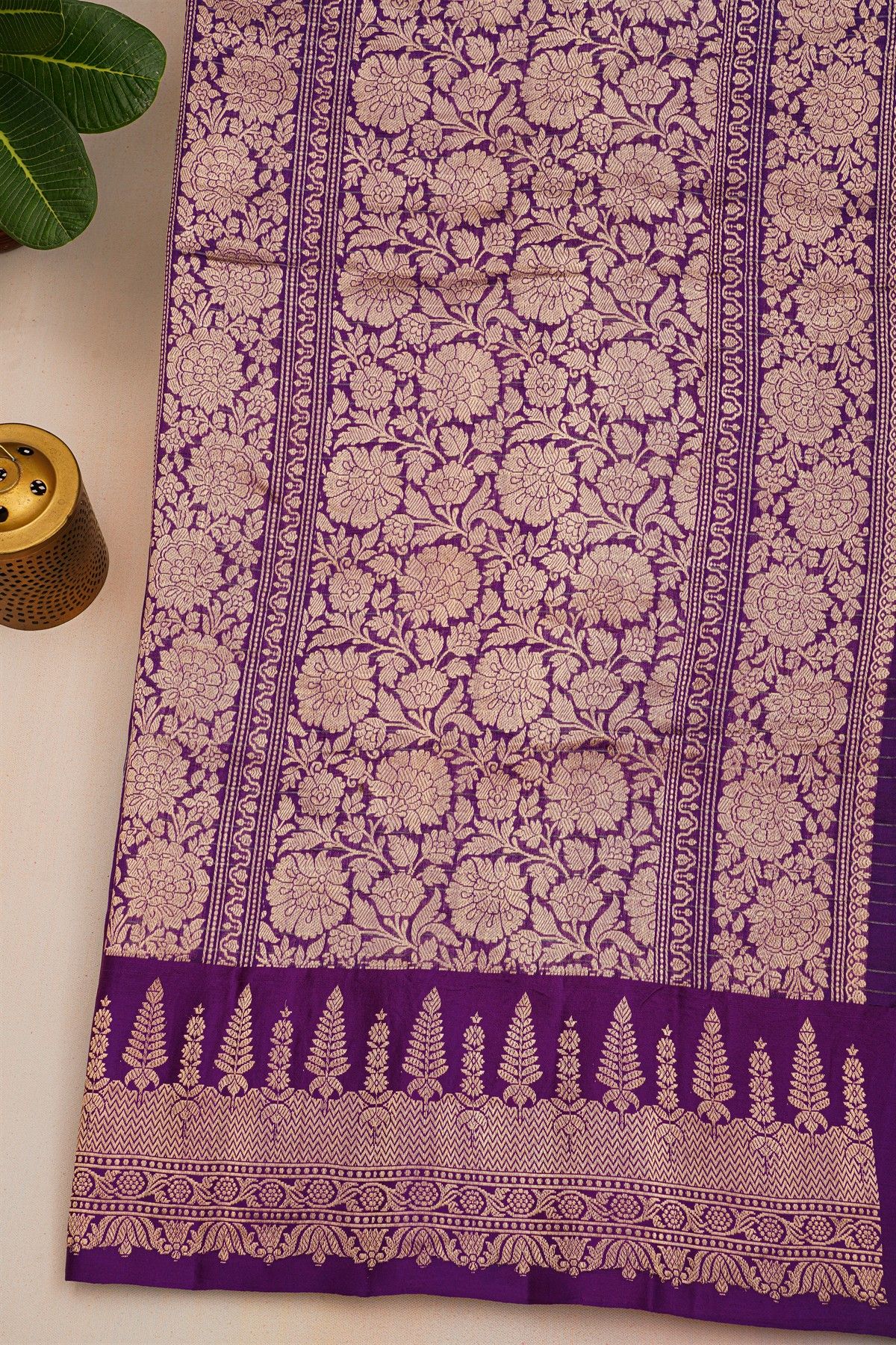 Fancy Matka Silk Purple Saree With Checks Body And Self Florals And Leaves Border