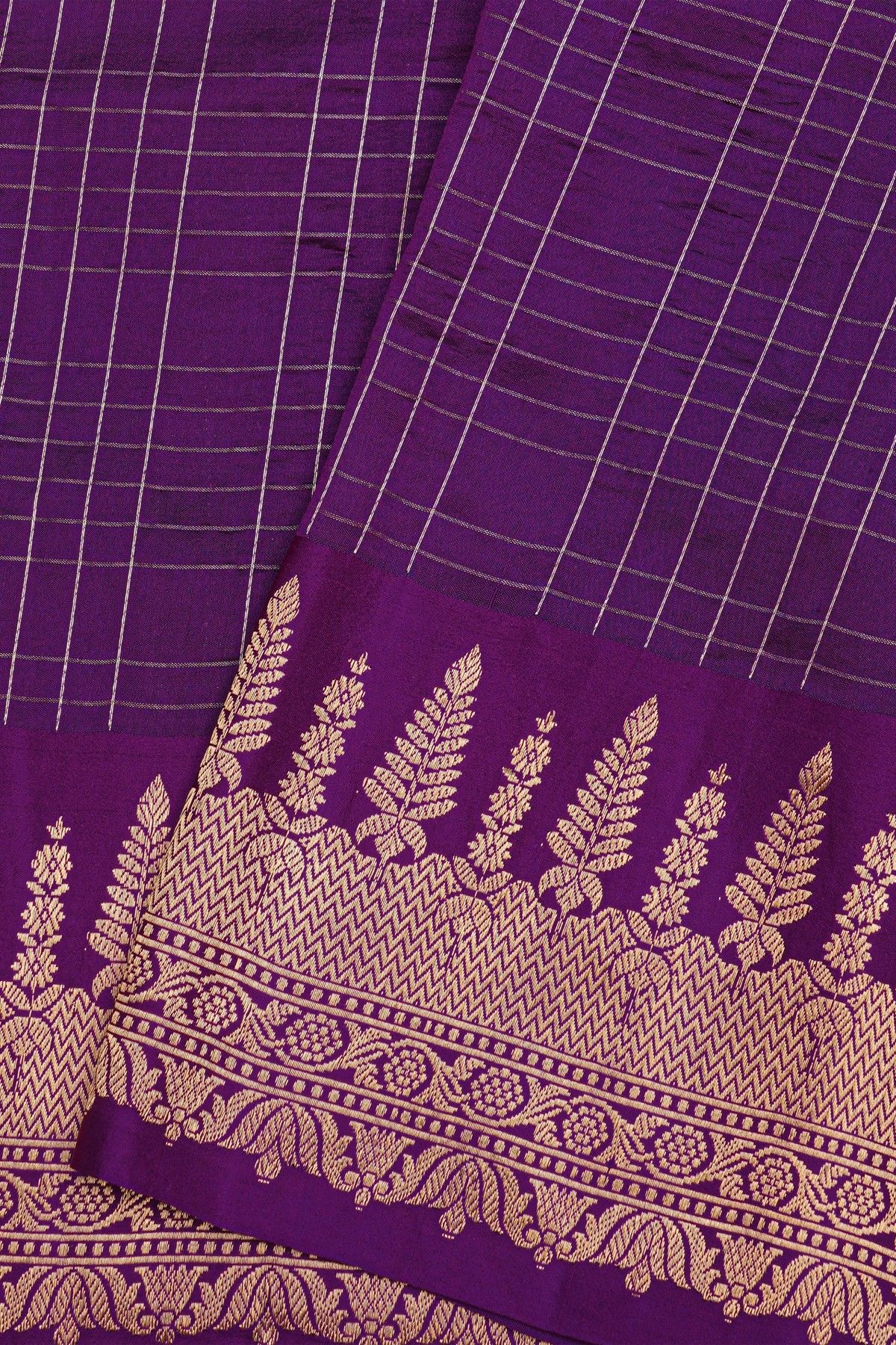 Fancy Matka Silk Purple Saree With Checks Body And Self Florals And Leaves Border
