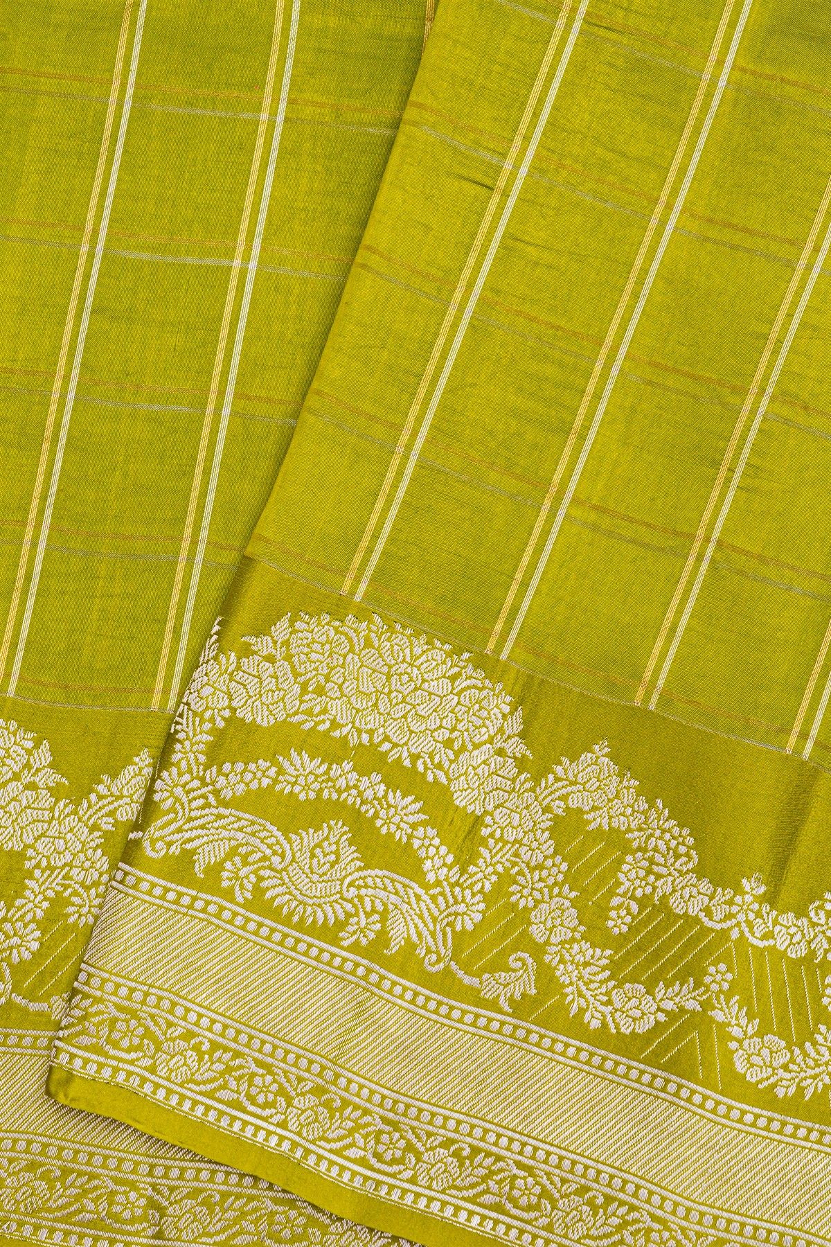 Fancy Matka Silk Mehendi Green Saree With Checks Body And Self Florals And Leaves Jaal Border