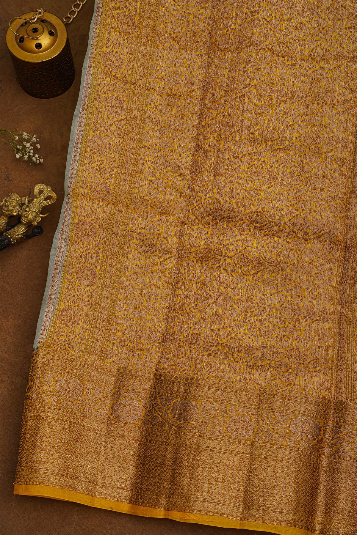 Fancy Organza Sea Green Saree With Florals And Buttis Body And Contrast Florals And Leaves Jaal With Kaddi Border