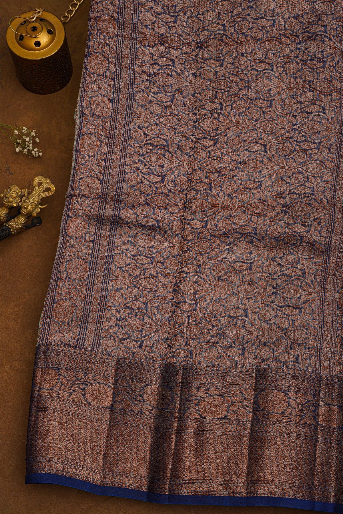 Fancy Organza Sky Blue Saree With Florals And Leaves In Zari Body And Contrast Florals And Leaves Jaal With Diamonds Border