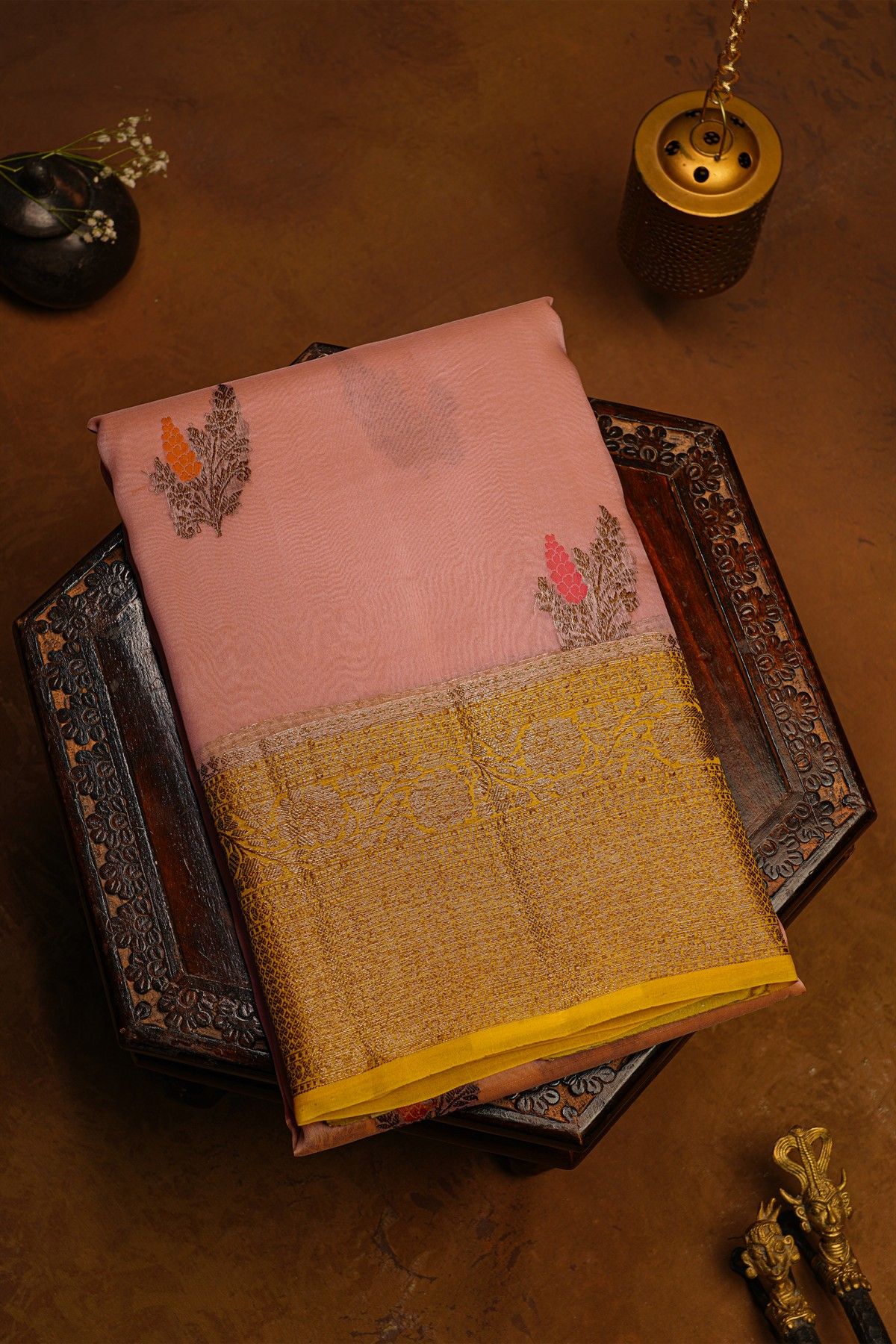Fancy Organza Light Pink Saree With Florals And Buttis Body And Contrast Florals And Leaves Jaal Border