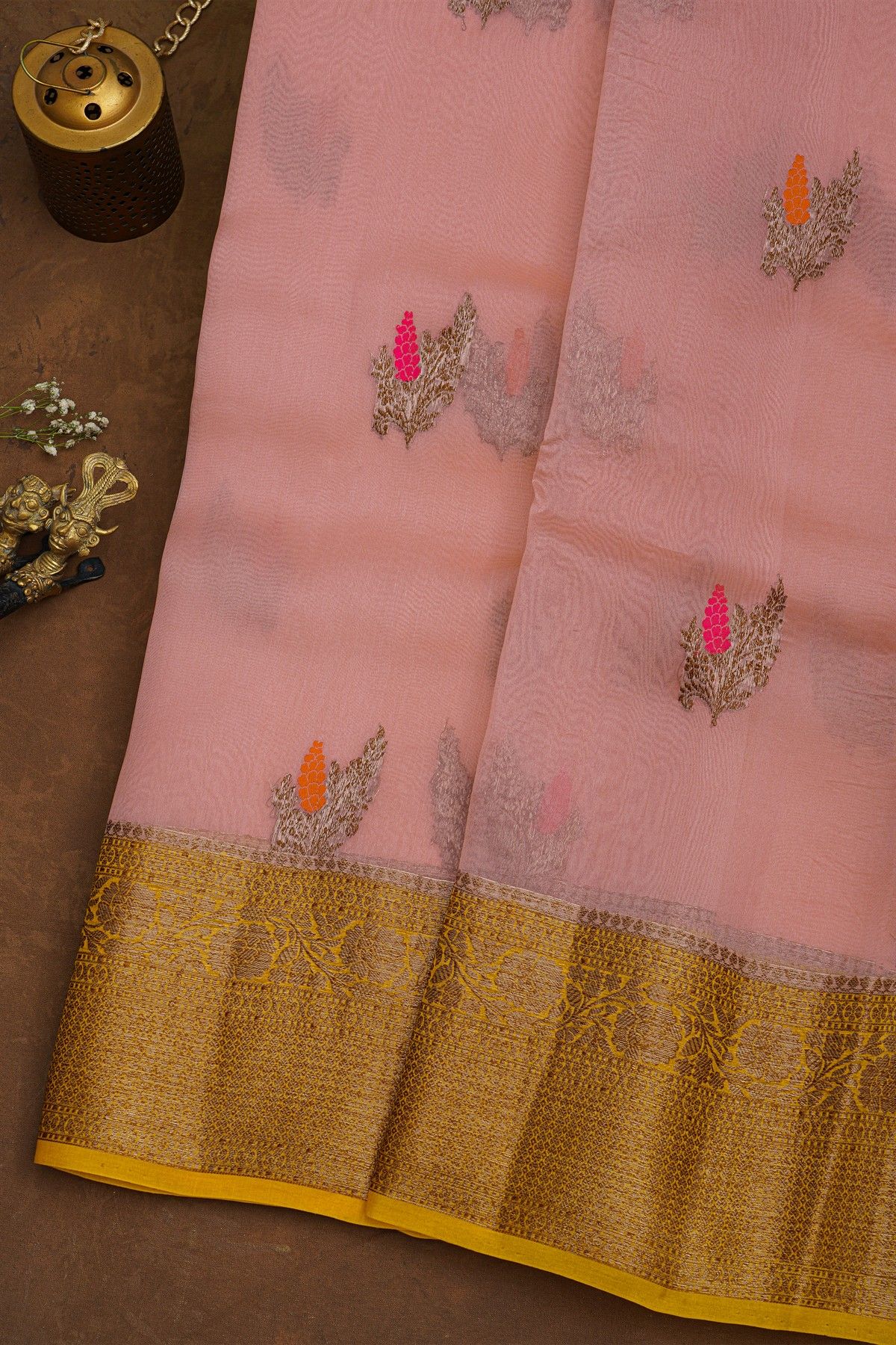 Fancy Organza Light Pink Saree With Florals And Buttis Body And Contrast Florals And Leaves Jaal Border