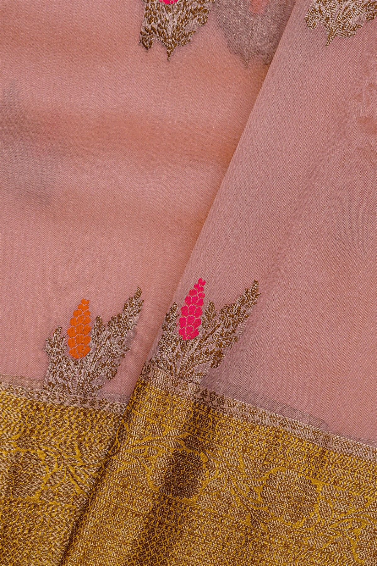 Fancy Organza Light Pink Saree With Florals And Buttis Body And Contrast Florals And Leaves Jaal Border