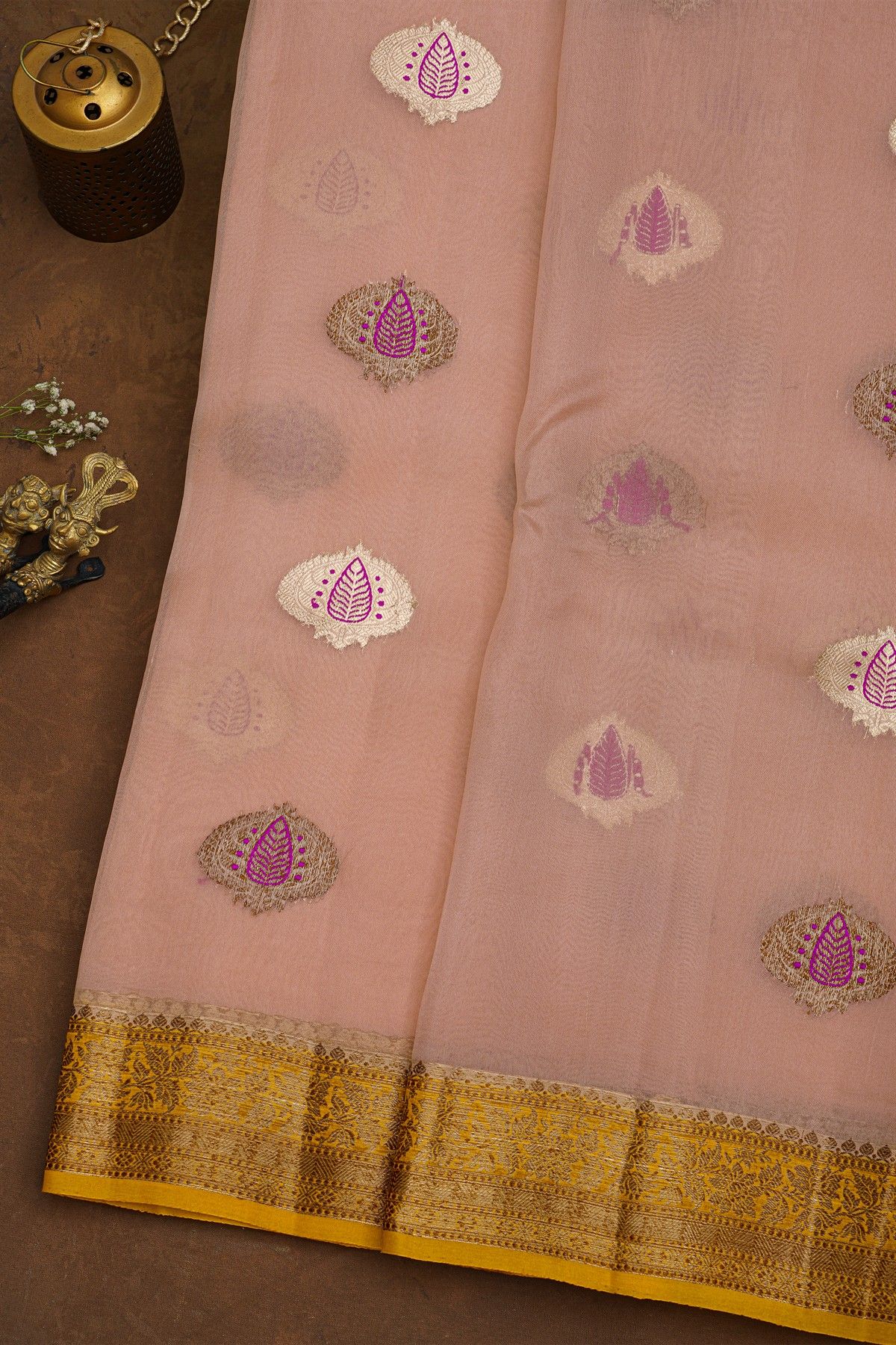 Fancy Organza Light Pink Saree With Florals And Buttis Body And Contrast Florals And Leaves Border