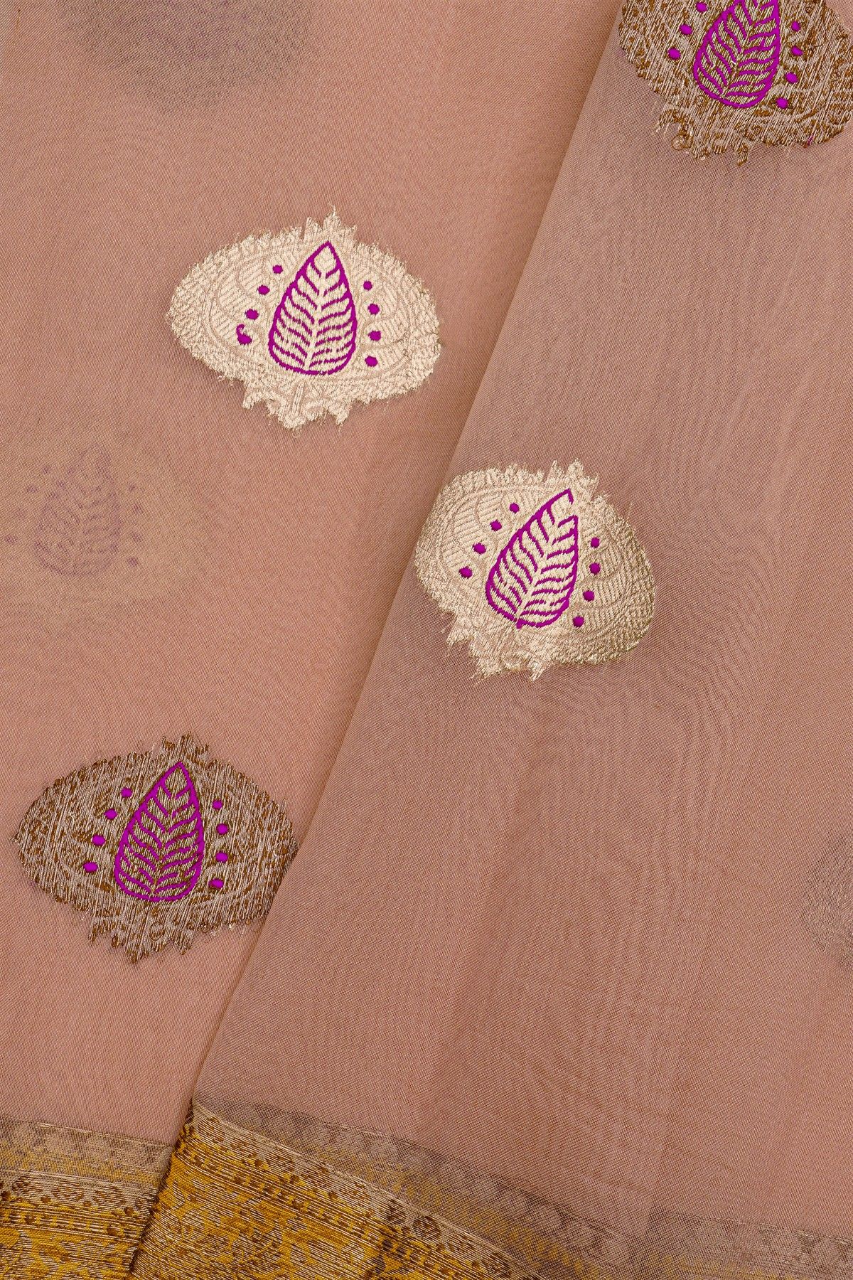 Fancy Organza Light Pink Saree With Florals And Buttis Body And Contrast Florals And Leaves Border