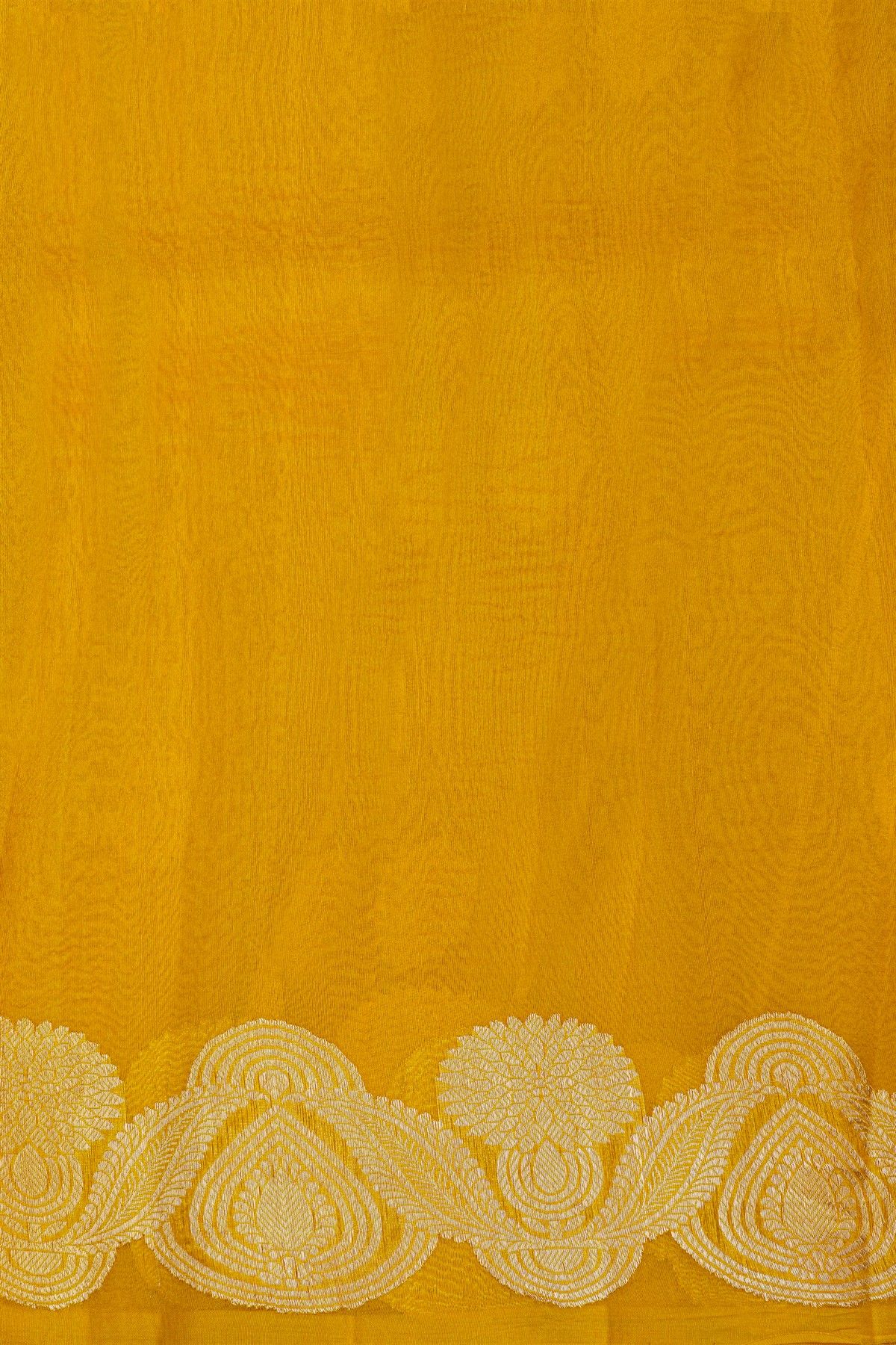 Fancy Organza Yellow Saree With Florals And Buttis Body And Self Florals And Leaves Border