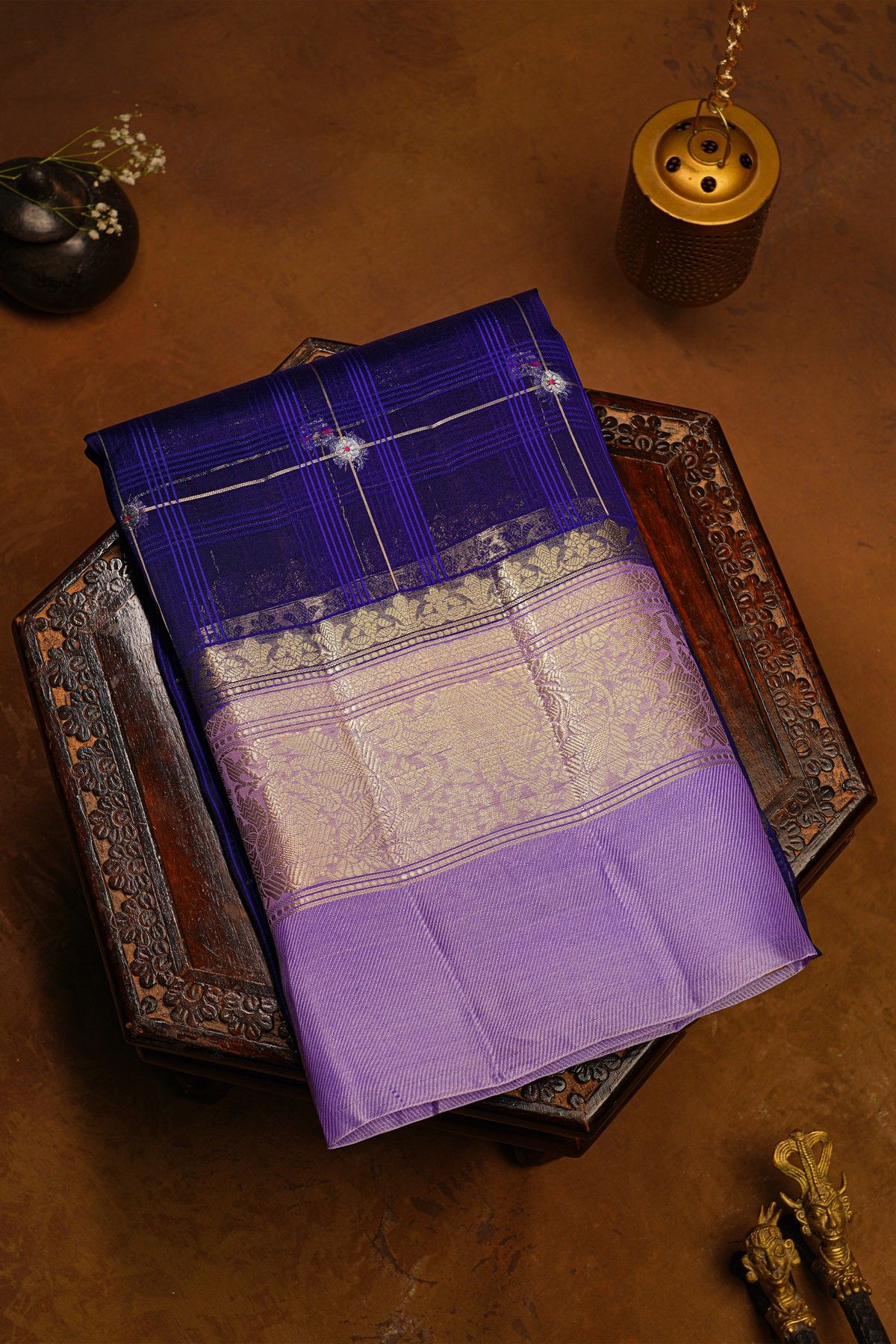 Fancy Organza Royal Blue Saree With Checks And Buttis Body And Self Florals And Leaves Border