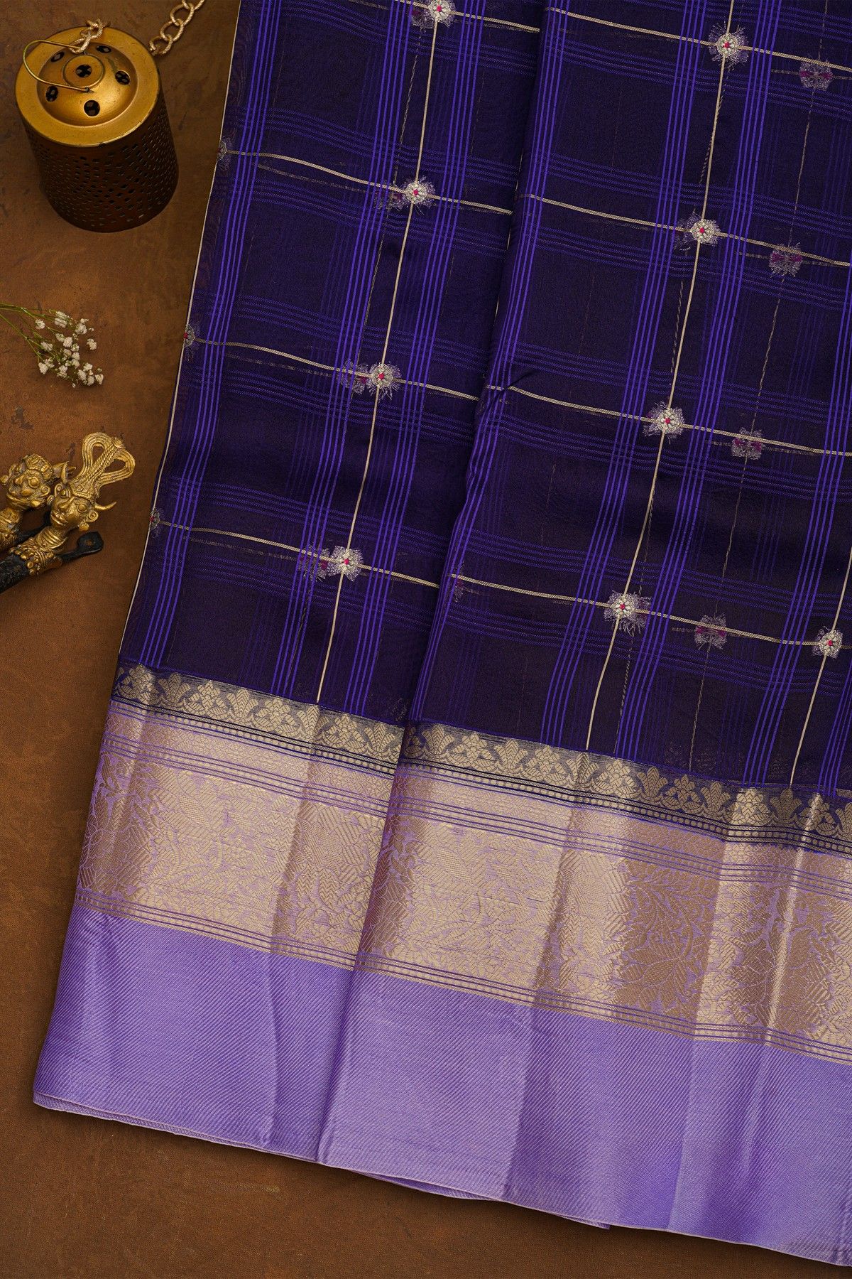 Fancy Organza Royal Blue Saree With Checks And Buttis Body And Self Florals And Leaves Border