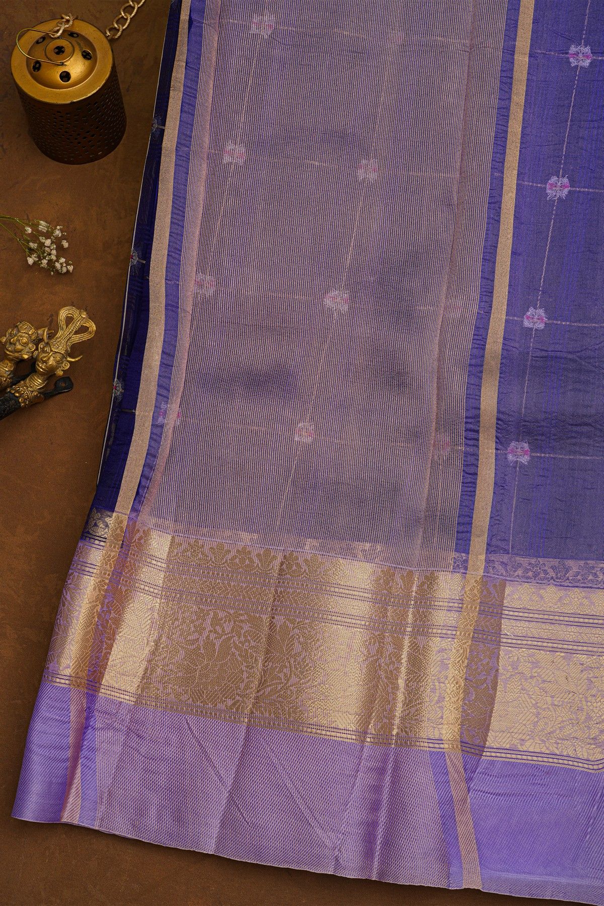 Fancy Organza Royal Blue Saree With Checks And Buttis Body And Self Florals And Leaves Border
