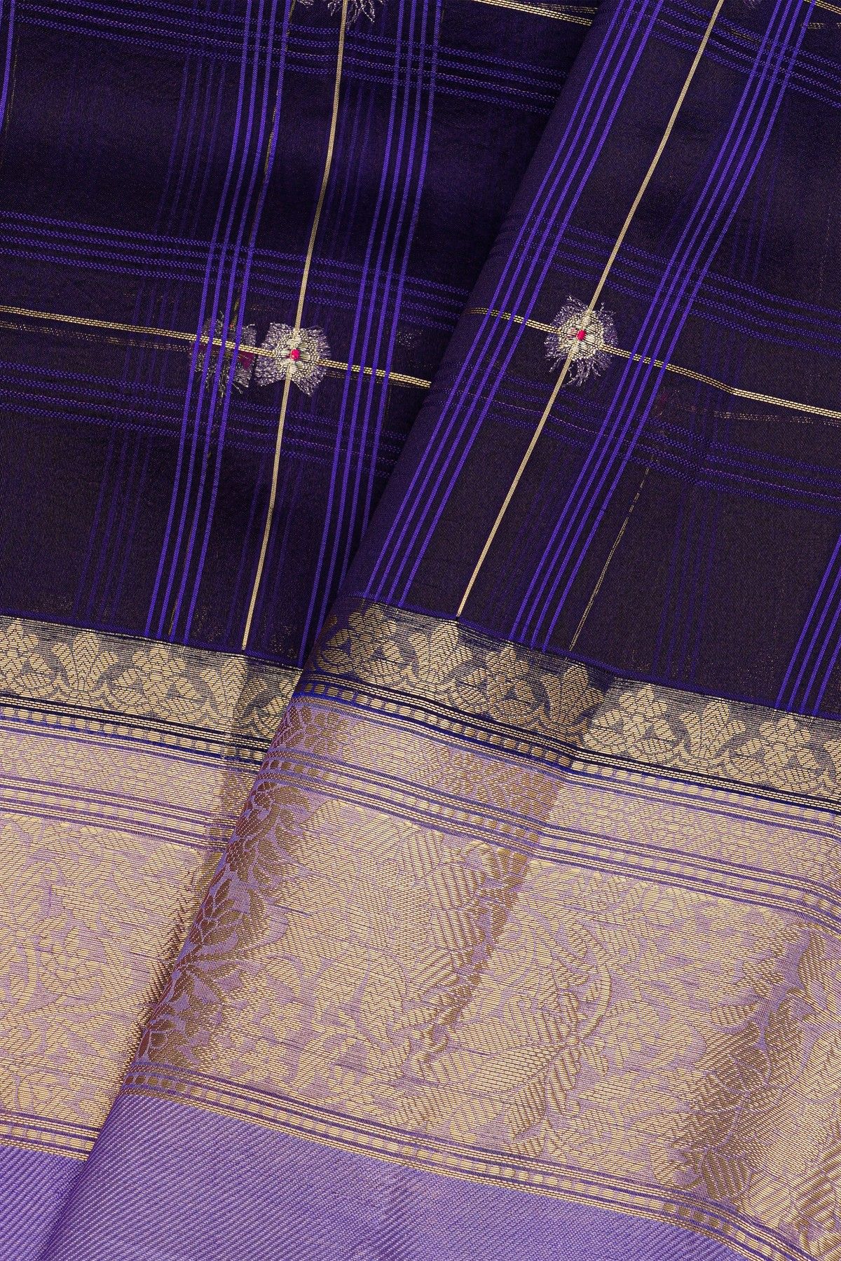Fancy Organza Royal Blue Saree With Checks And Buttis Body And Self Florals And Leaves Border
