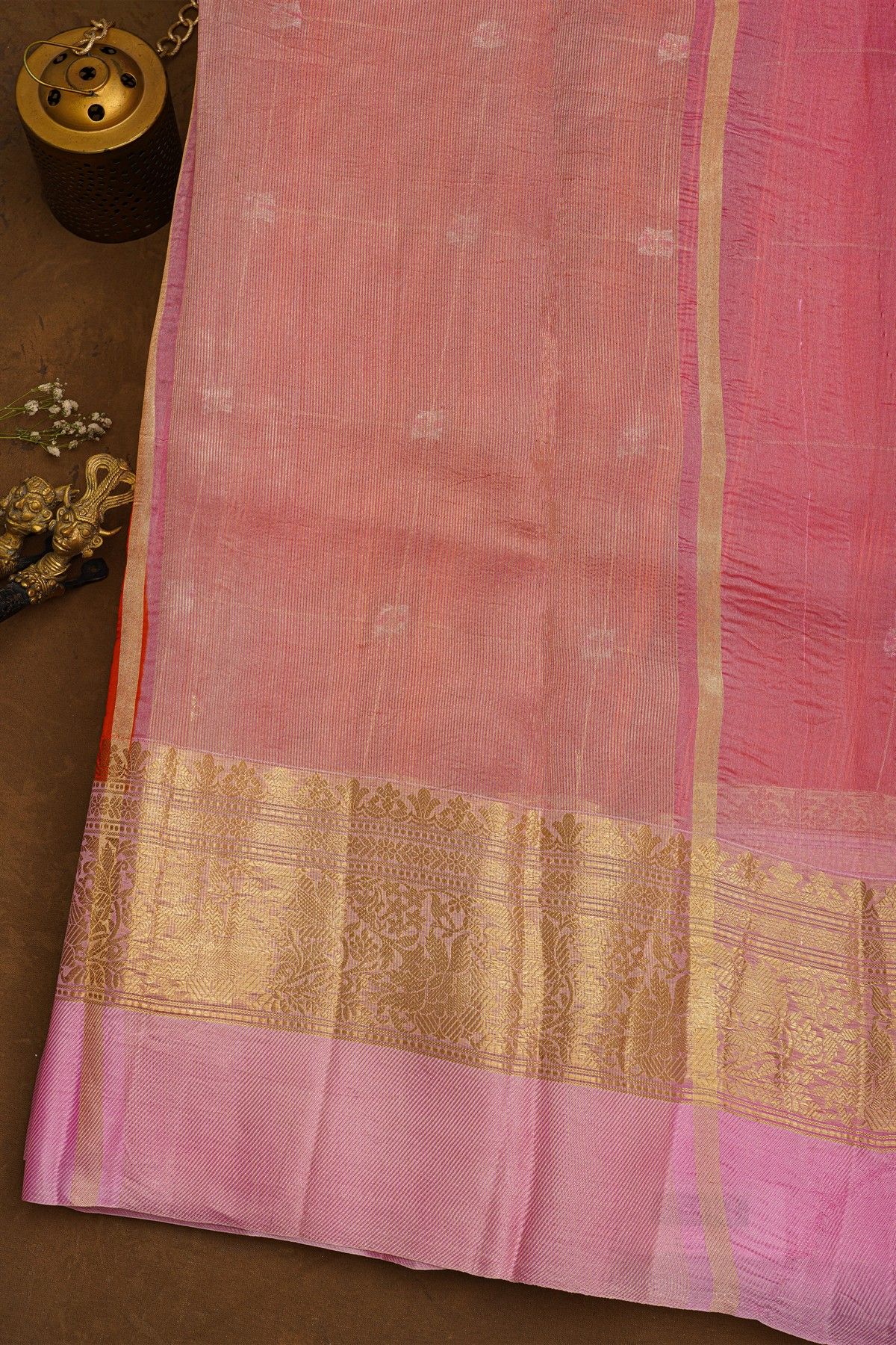 Fancy Organza Orange Saree With Checks And Buttis Body And Contrast Florals And Leaves Border