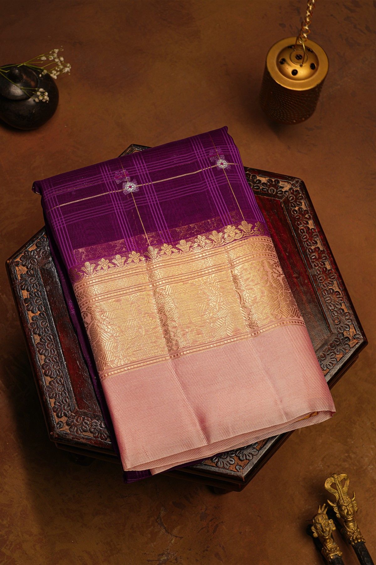 Fancy Organza Purple Saree With Checks And Buttis Body And Contrast Florals And Leaves Border