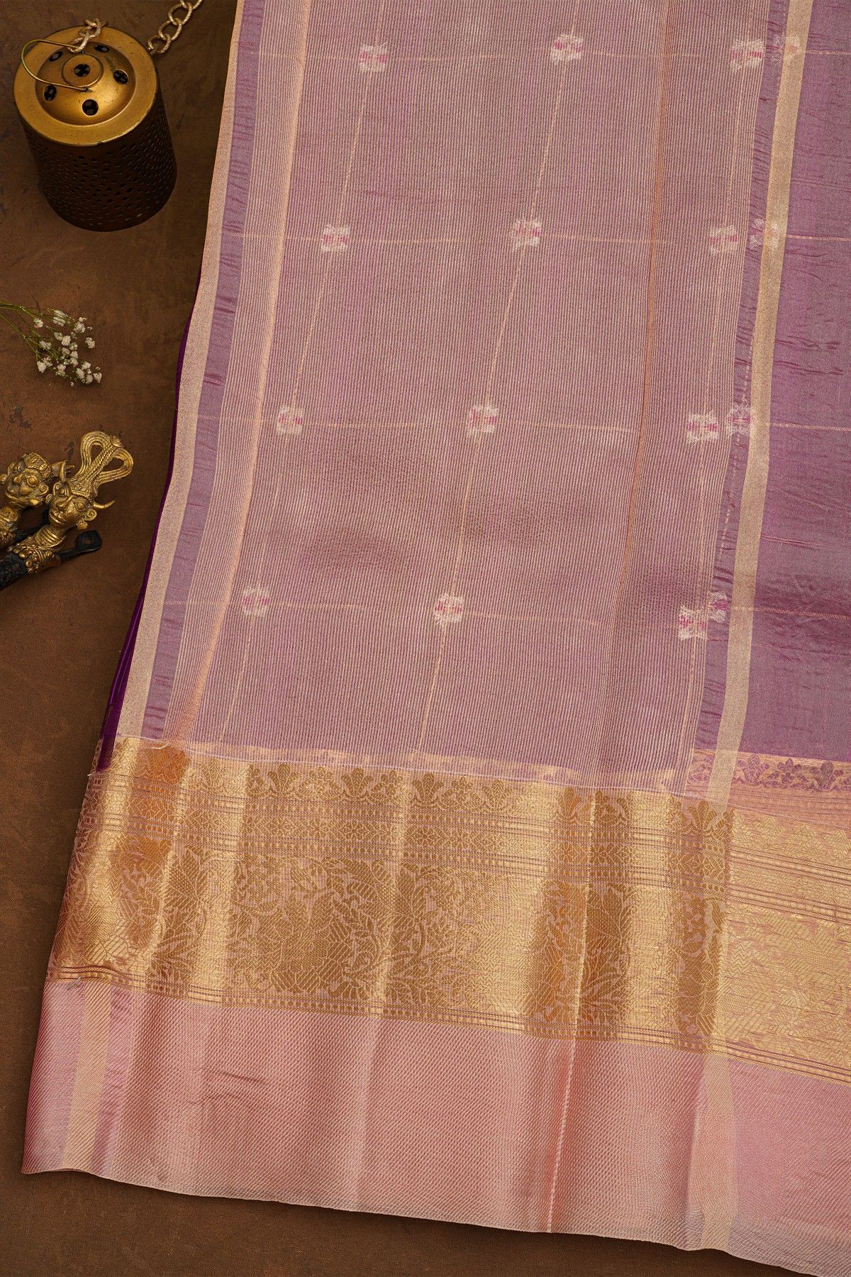 Fancy Organza Purple Saree With Checks And Buttis Body And Contrast Florals And Leaves Border