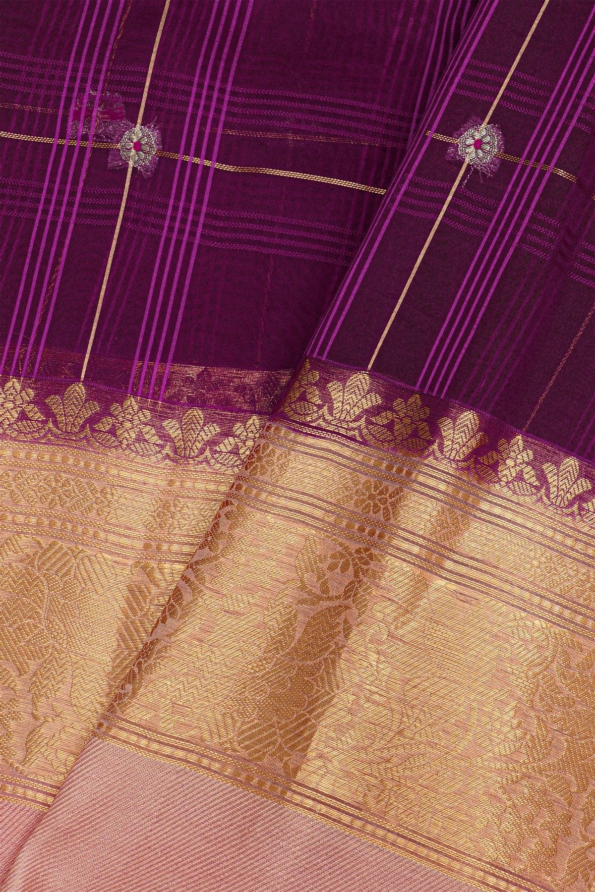Fancy Organza Purple Saree With Checks And Buttis Body And Contrast Florals And Leaves Border