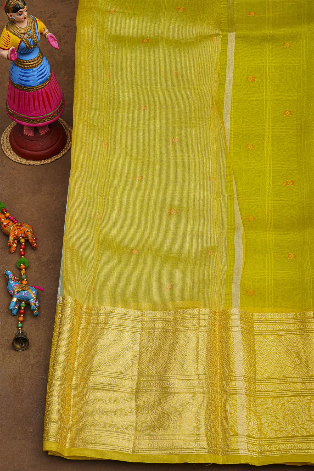 Fancy Kora Grey Saree With Checks And Floral Buttis Body