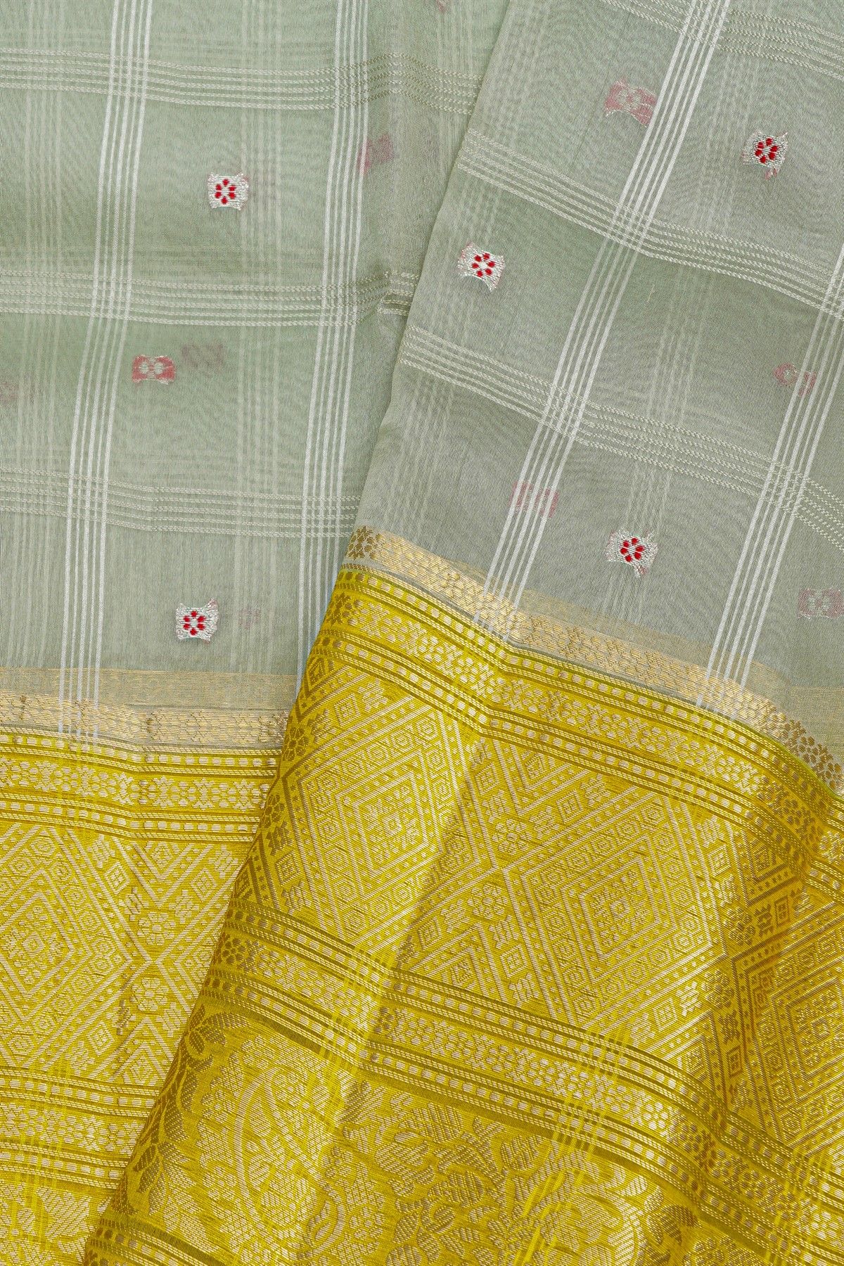 Fancy Kora Grey Saree With Checks And Floral Buttis Body