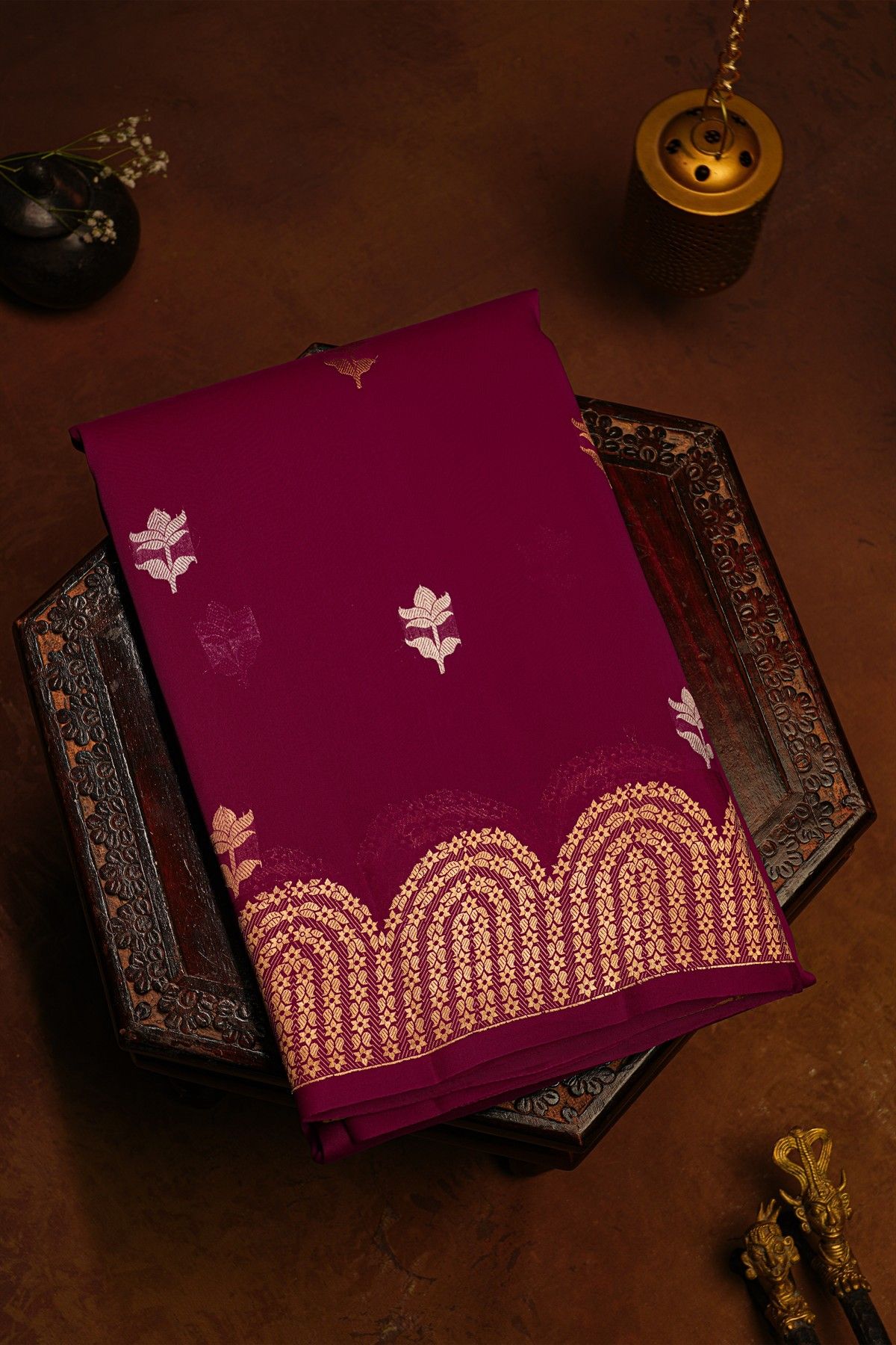 Fancy Organza Wine Saree With Florals And Leaves Body And Self Florals And Leaves Border
