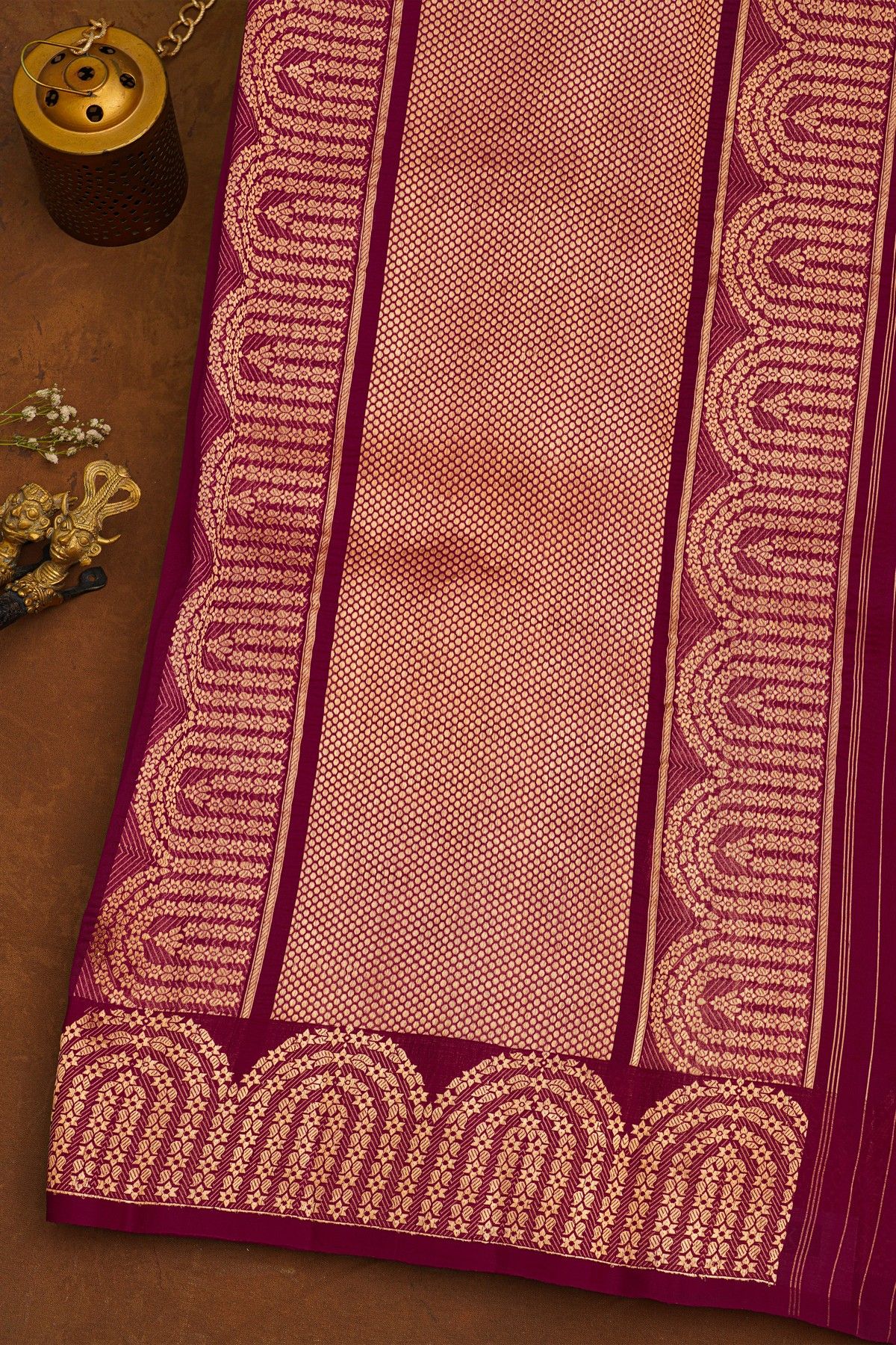 Fancy Organza Wine Saree With Florals And Leaves Body And Self Florals And Leaves Border