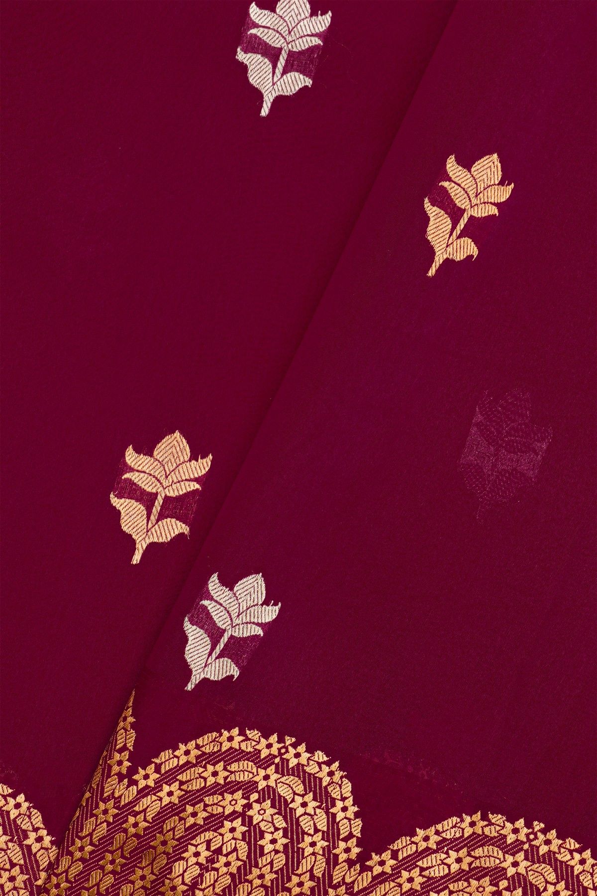 Fancy Organza Wine Saree With Florals And Leaves Body And Self Florals And Leaves Border