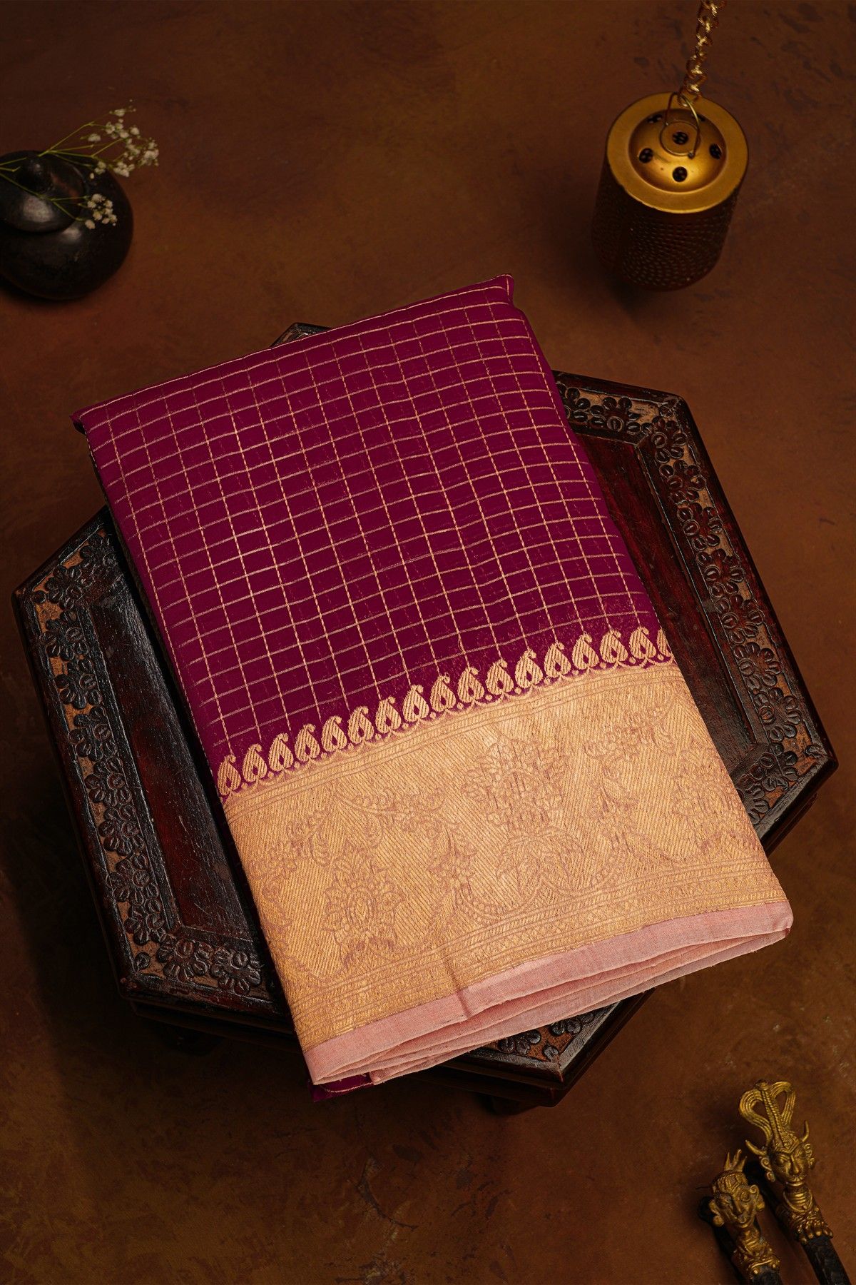 Fancy Organza Wine Saree With Checks Body And Contrast Florals And Leaves Border