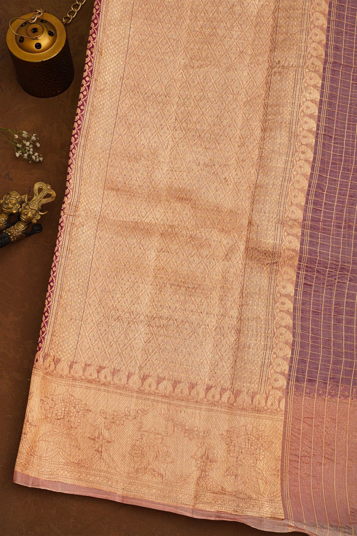 Fancy Organza Wine Saree With Checks Body And Contrast Florals And Leaves Border