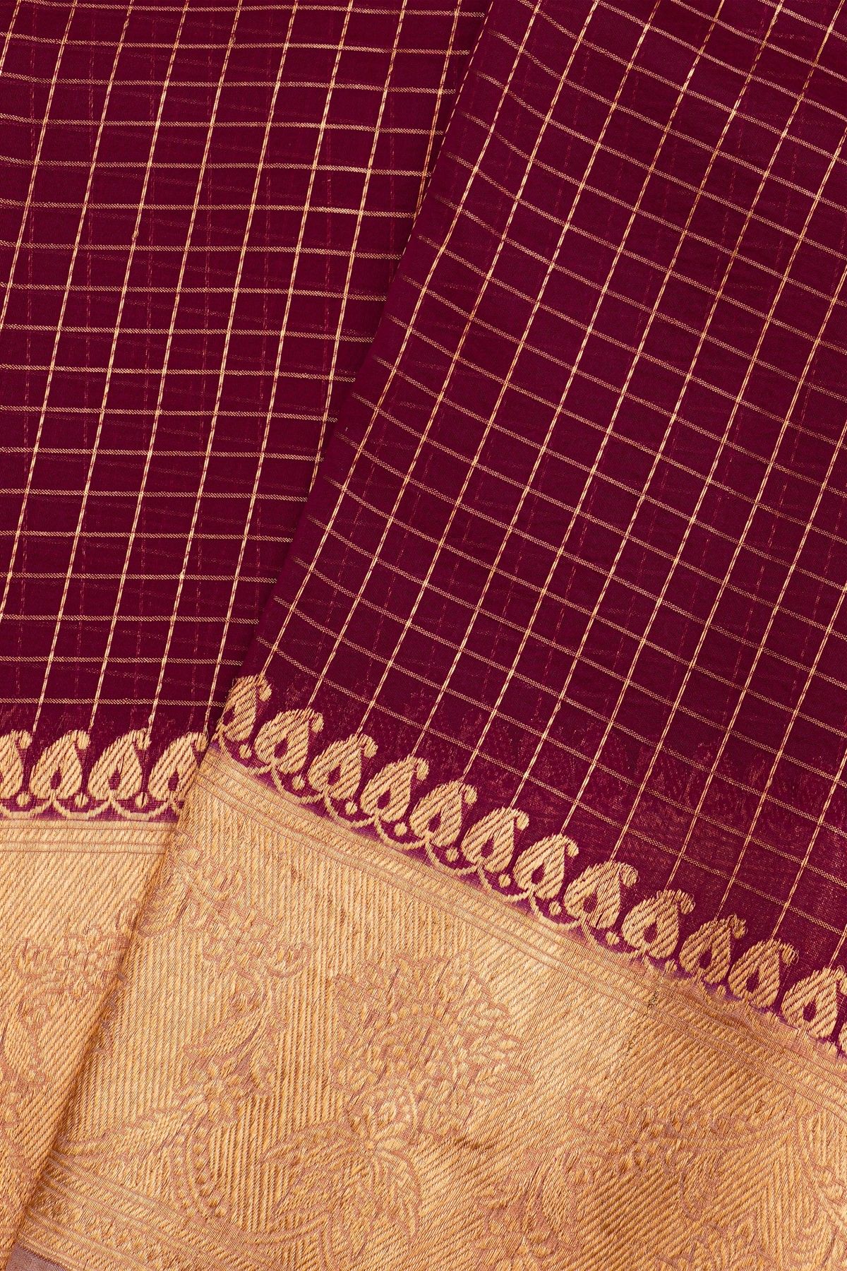 Fancy Organza Wine Saree With Checks Body And Contrast Florals And Leaves Border