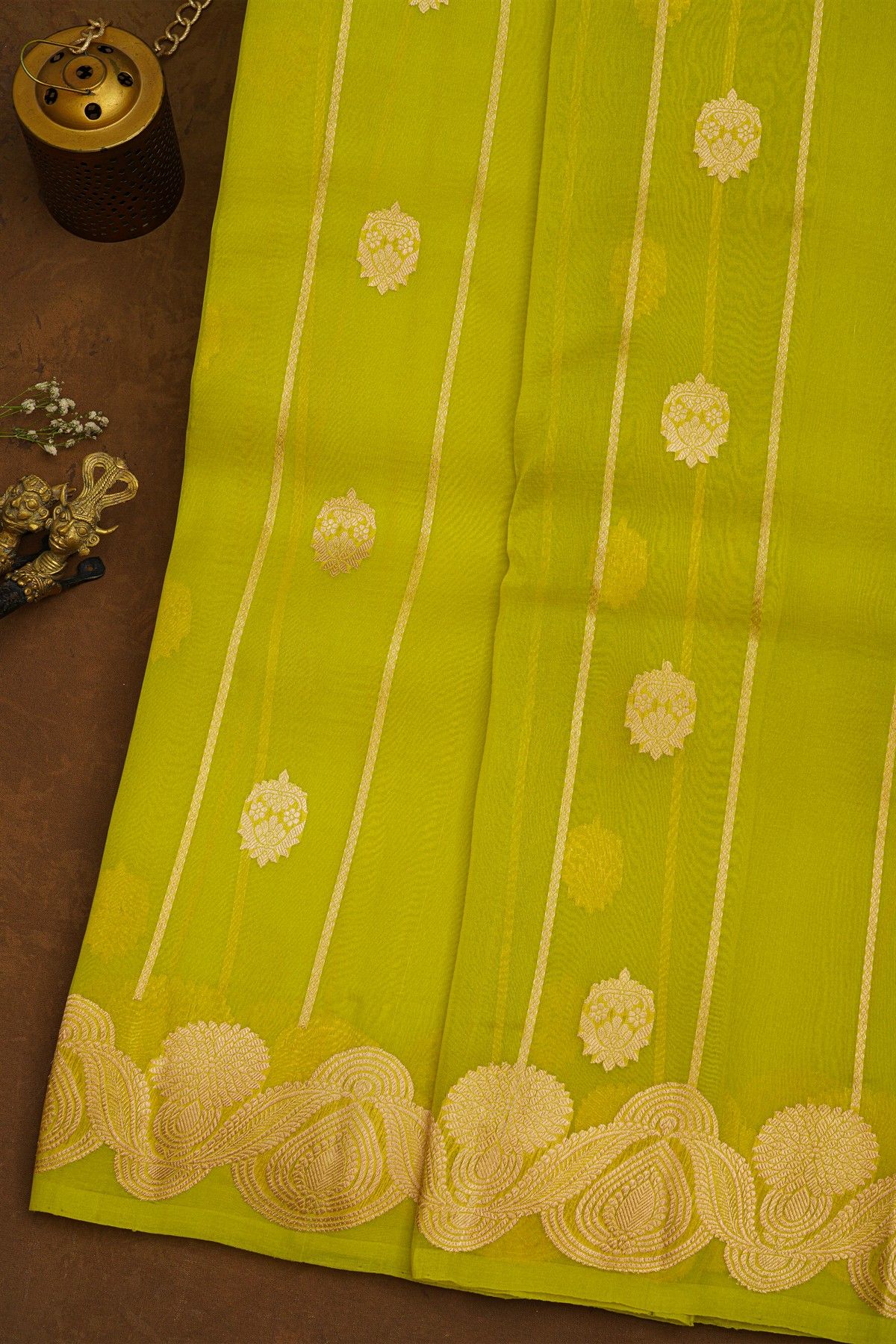 Fancy Organza Mehendi Green Saree With Florals And Buttis Body And Self Florals And Leaves Border