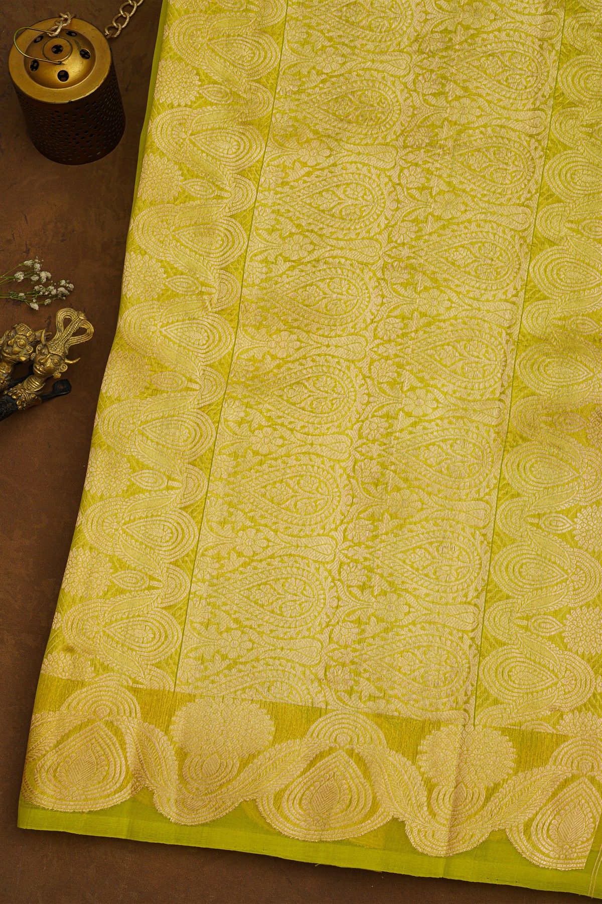 Fancy Organza Mehendi Green Saree With Florals And Buttis Body And Self Florals And Leaves Border