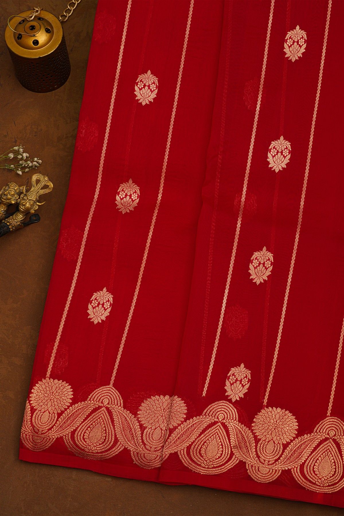 Fancy Organza Red Saree With Florals And Buttis Body And Self Florals And Leaves Border