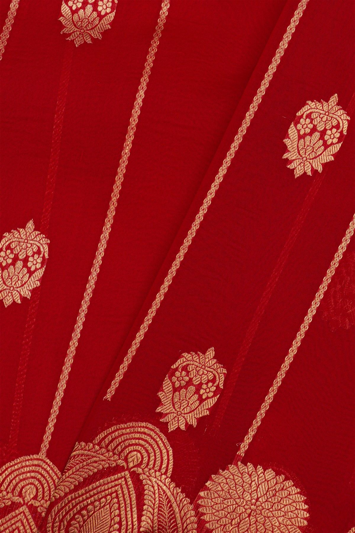 Fancy Organza Red Saree With Florals And Buttis Body And Self Florals And Leaves Border