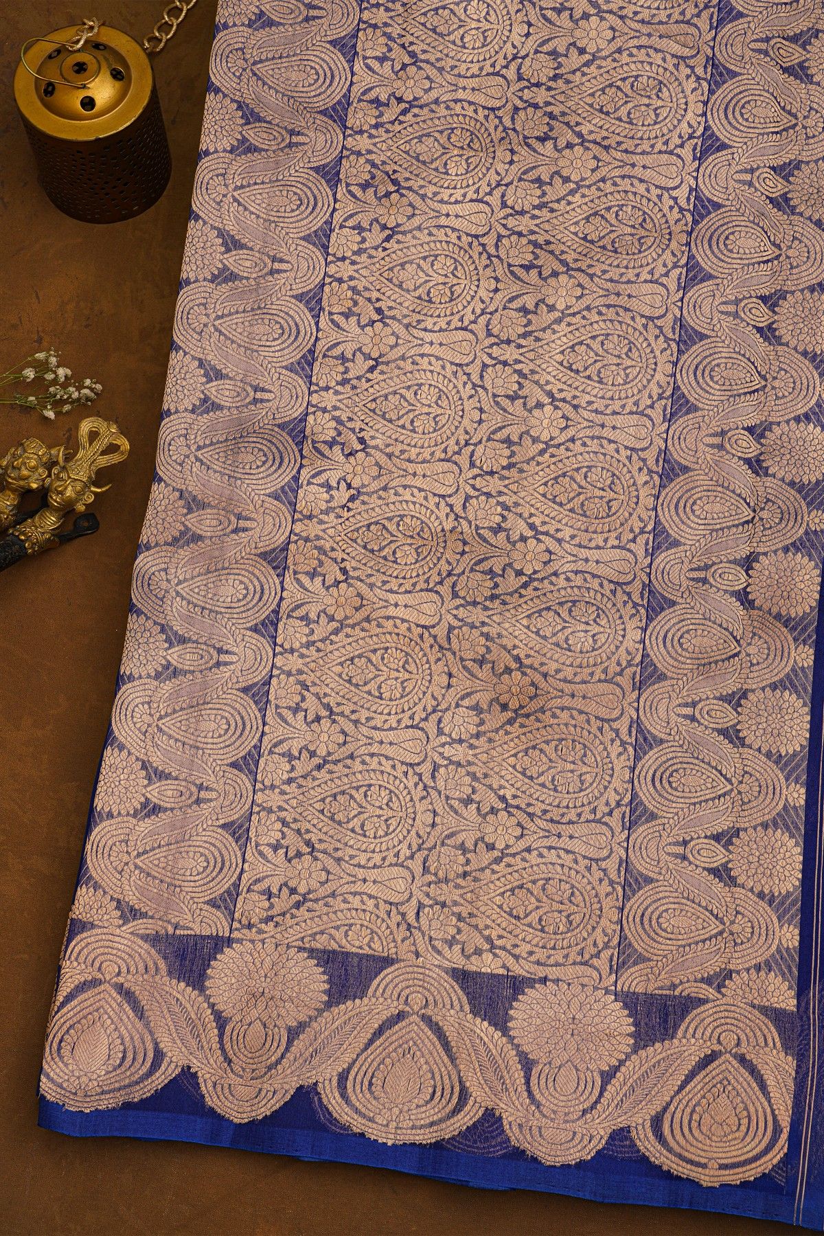 Fancy Organza Royal Blue Saree With Florals And Buttis Body And Self Florals And Leaves Border