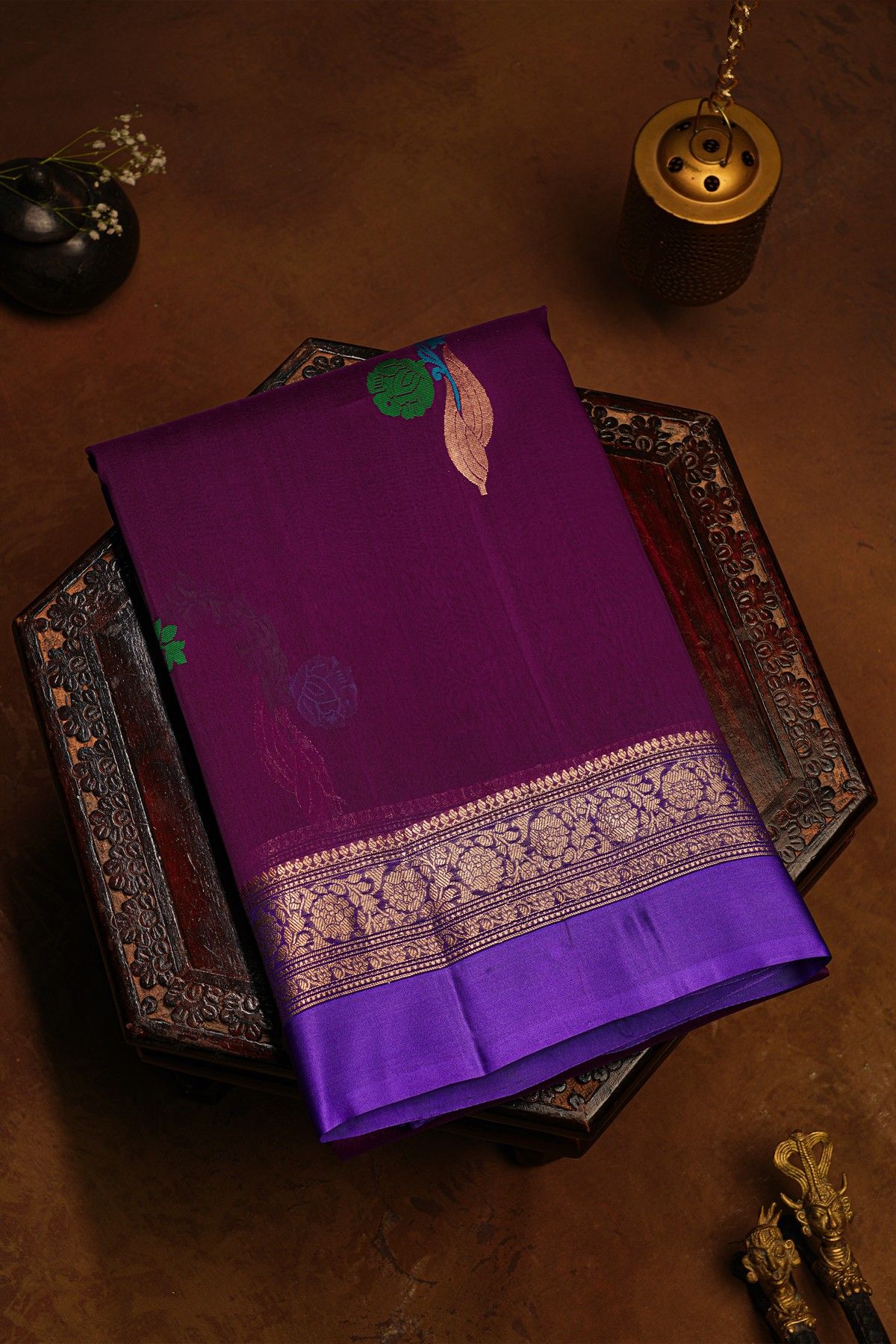Fancy Organza Violet Saree With Florals And Buttis Body And Contrast Florals And Leaves Jaal Border