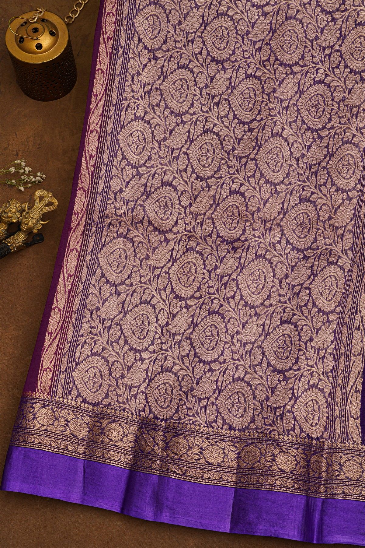 Fancy Organza Violet Saree With Florals And Buttis Body And Contrast Florals And Leaves Jaal Border