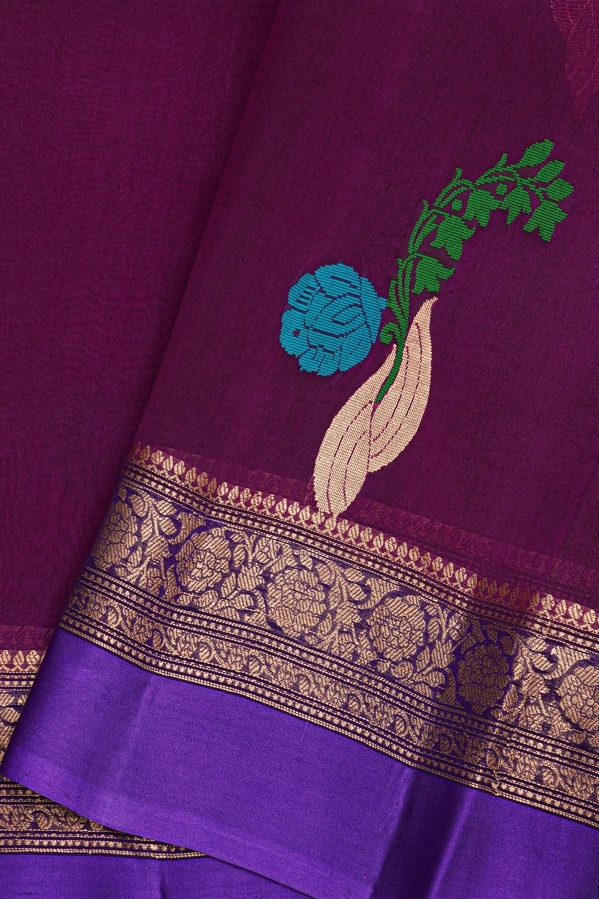 Fancy Organza Violet Saree With Florals And Buttis Body And Contrast Florals And Leaves Jaal Border
