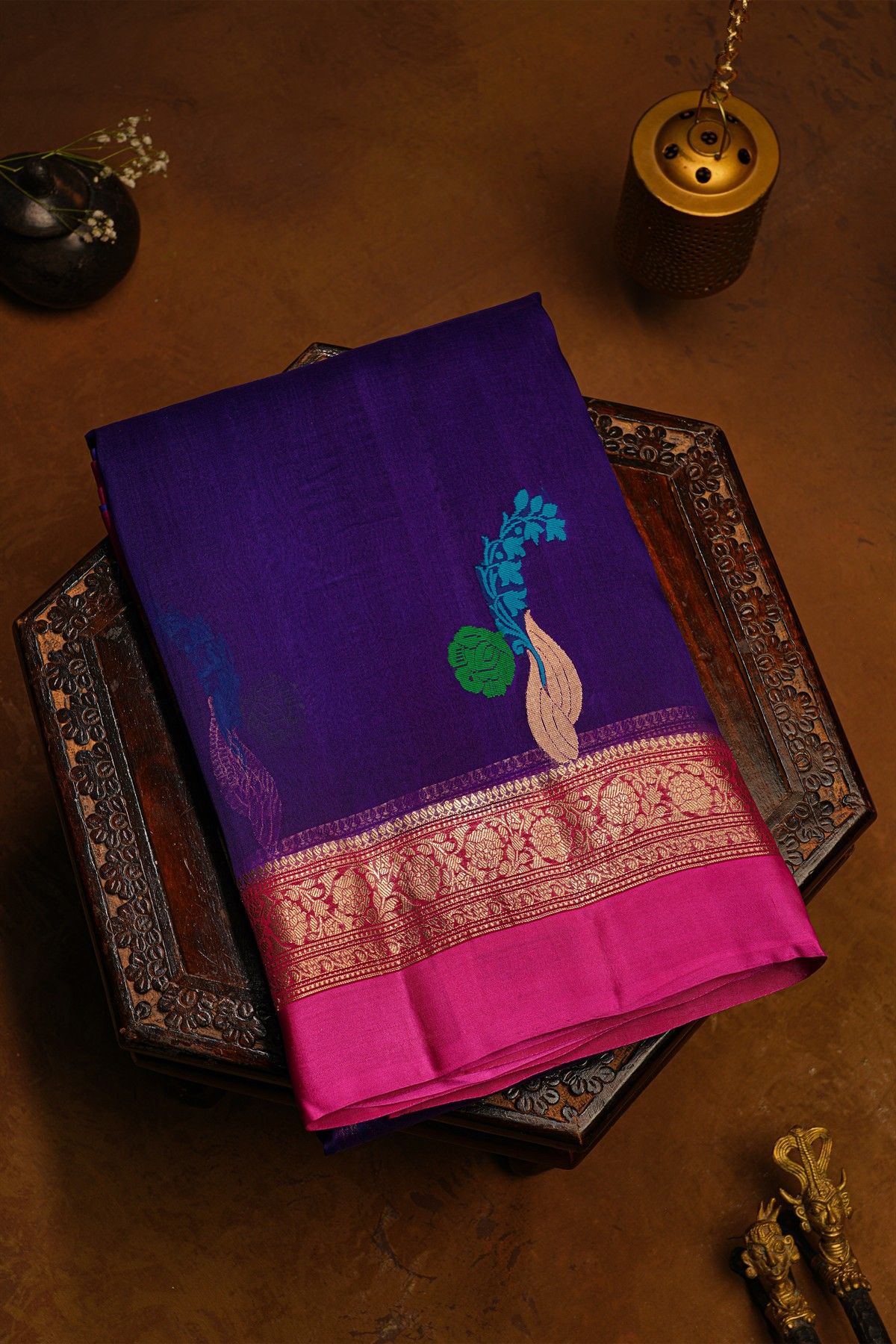 Fancy Organza Royal Blue Saree With Florals And Leaves Body And Contrast Florals And Leaves Jaal Border