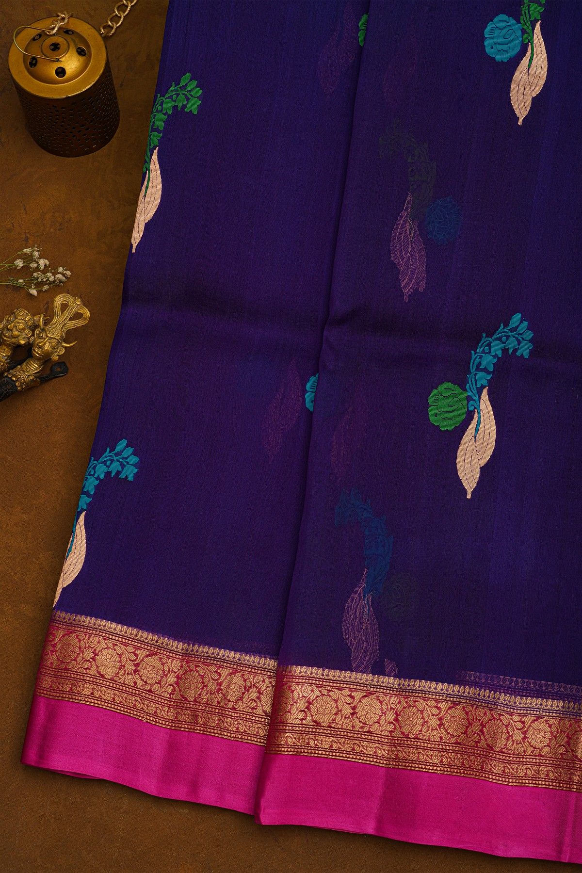 Fancy Organza Royal Blue Saree With Florals And Leaves Body And Contrast Florals And Leaves Jaal Border