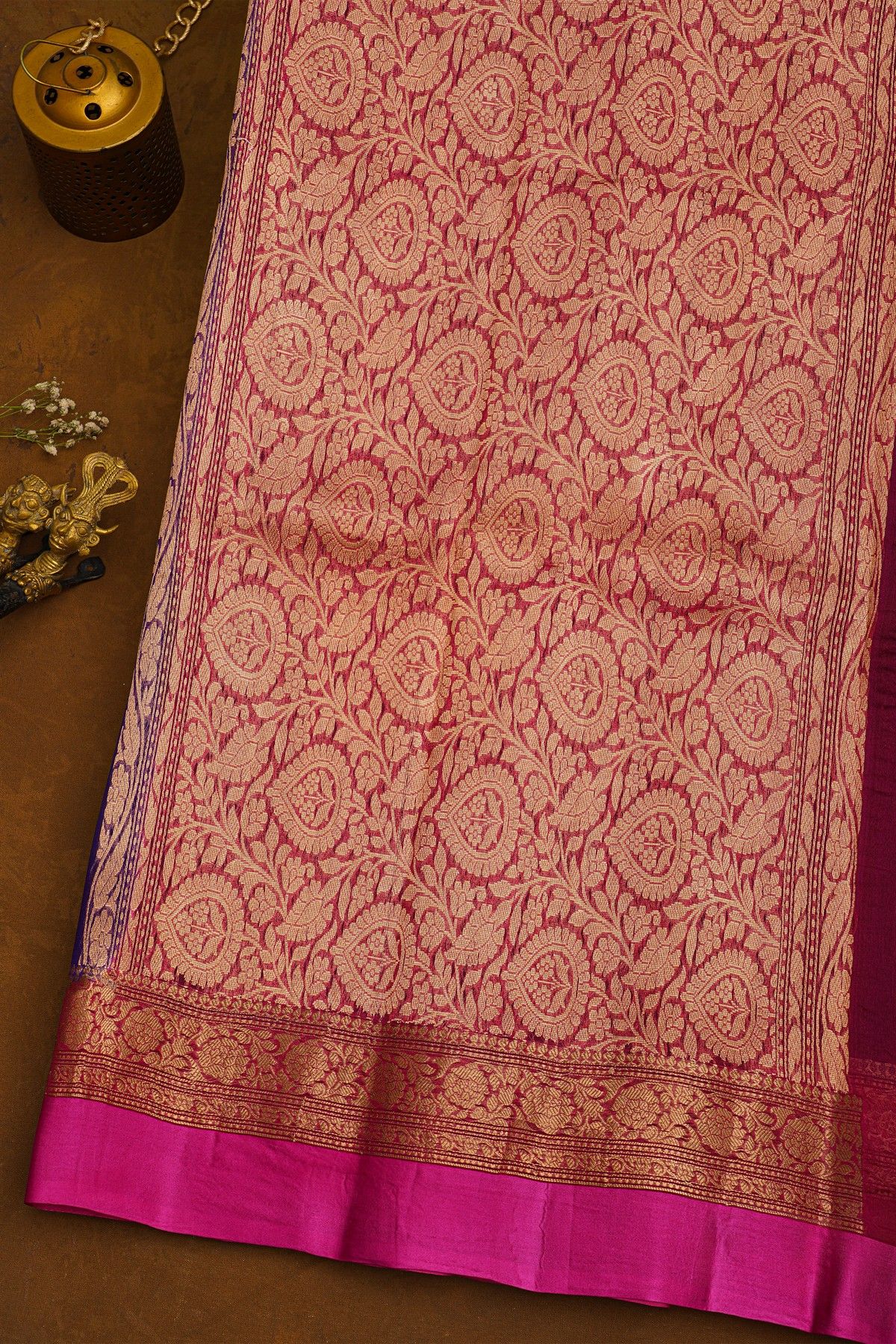 Fancy Organza Royal Blue Saree With Florals And Leaves Body And Contrast Florals And Leaves Jaal Border