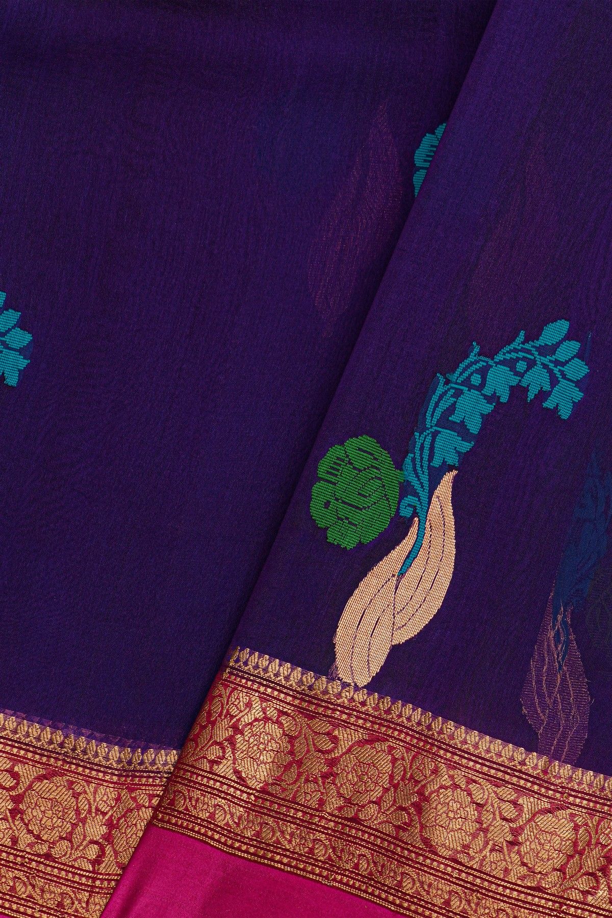 Fancy Organza Royal Blue Saree With Florals And Leaves Body And Contrast Florals And Leaves Jaal Border