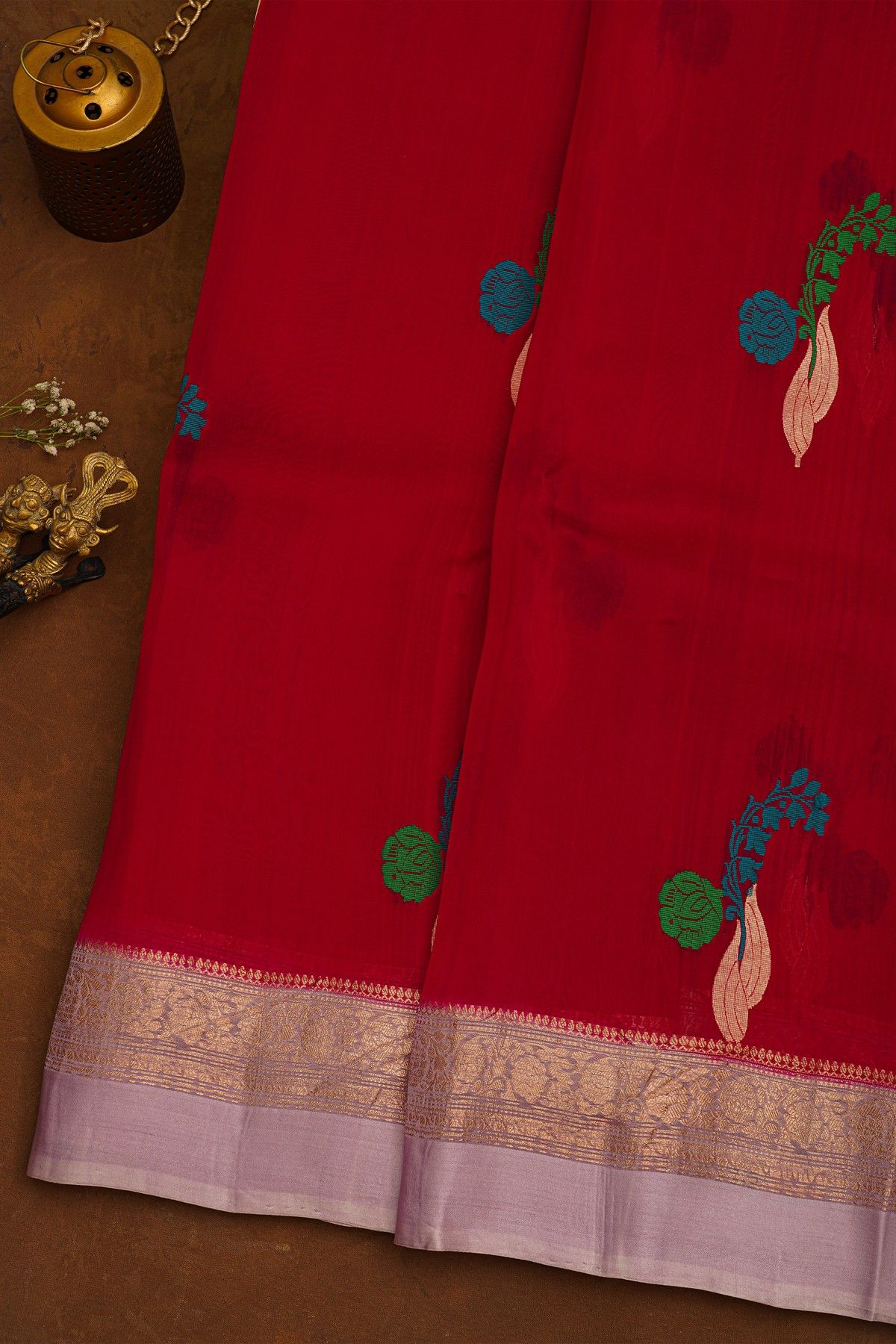 Fancy Organza Maroon Saree With Florals And Buttis Body And Contrast Florals And Leaves Border