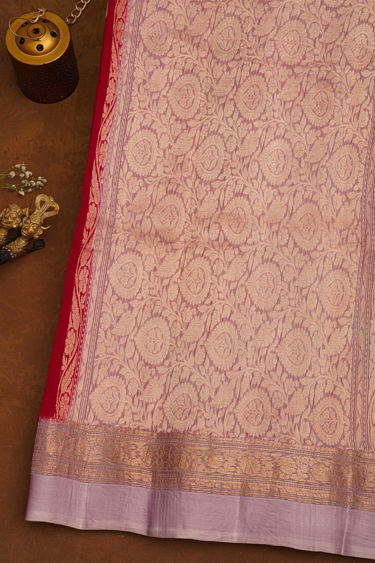 Fancy Organza Maroon Saree With Florals And Buttis Body And Contrast Florals And Leaves Border