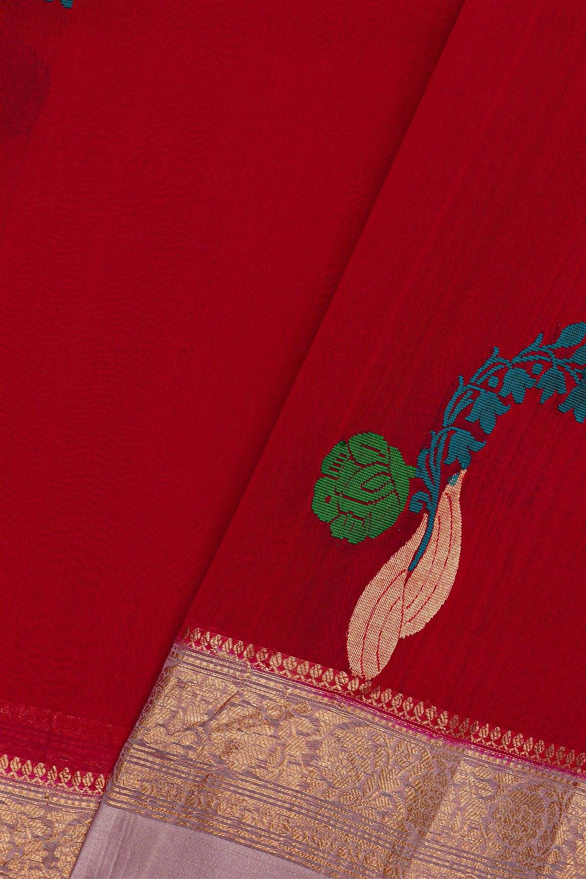 Fancy Organza Maroon Saree With Florals And Buttis Body And Contrast Florals And Leaves Border