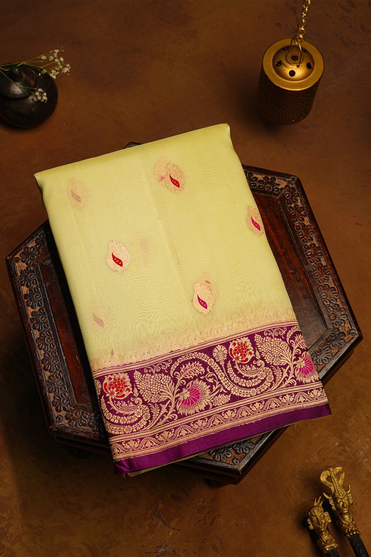 Fancy Organza Off White Saree With Florals And Buttis Body And Contrast Florals And Leaves Border