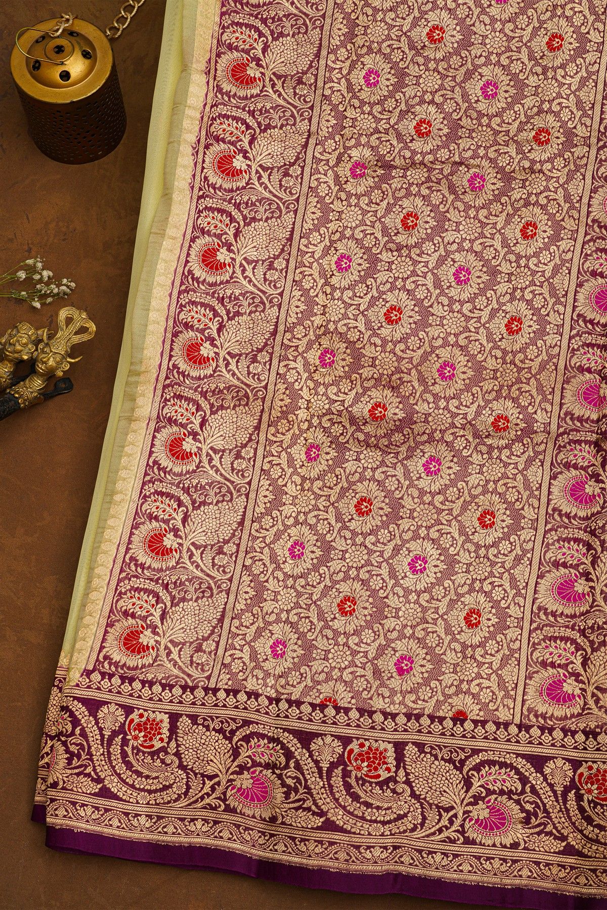 Fancy Organza Off White Saree With Florals And Buttis Body And Contrast Florals And Leaves Border