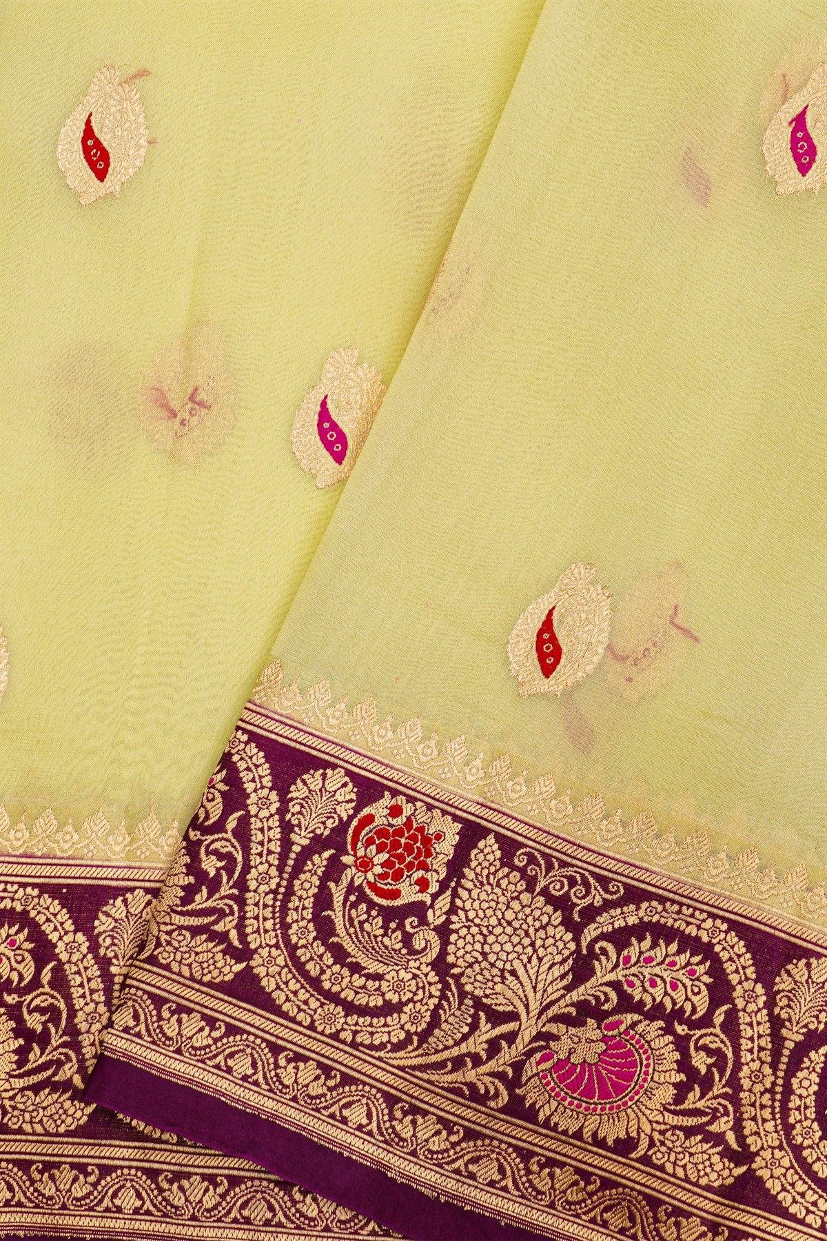 Fancy Organza Off White Saree With Florals And Buttis Body And Contrast Florals And Leaves Border