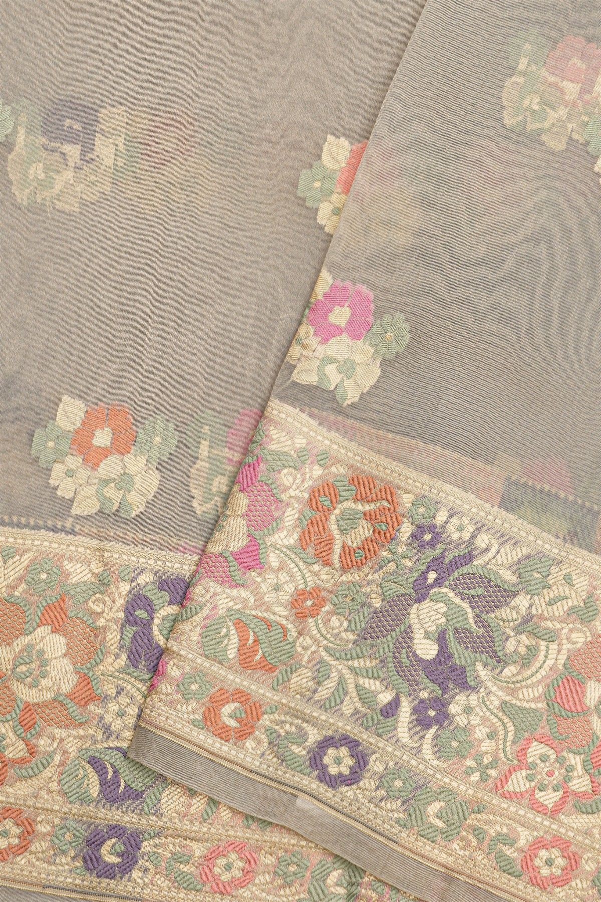 Fancy Organza Grey Saree With Florals And Buttis Body And Self Florals And Leaves Jaal Border