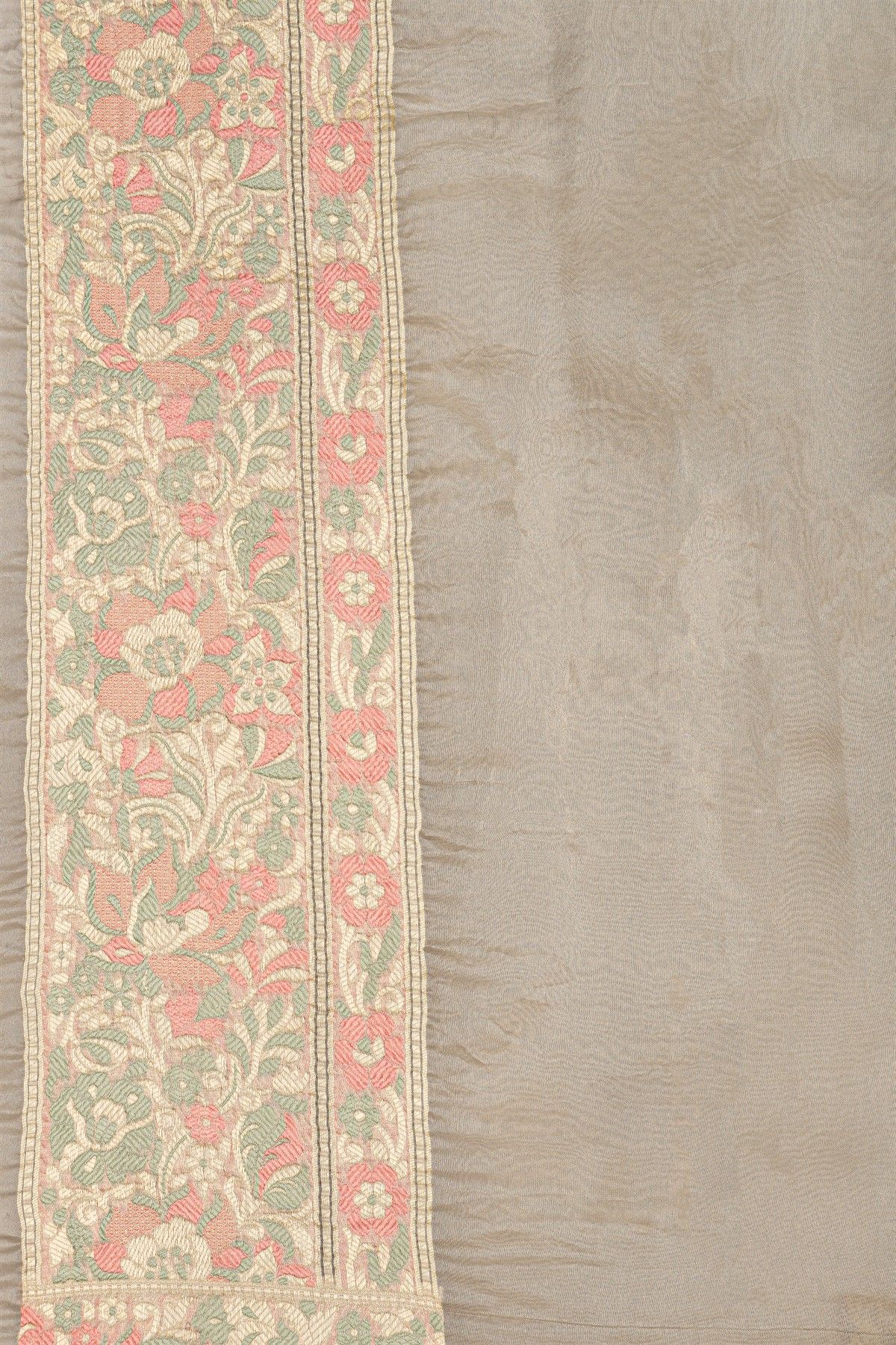 Fancy Organza Grey Saree With Florals And Buttis Body And Self Florals And Leaves Jaal Border