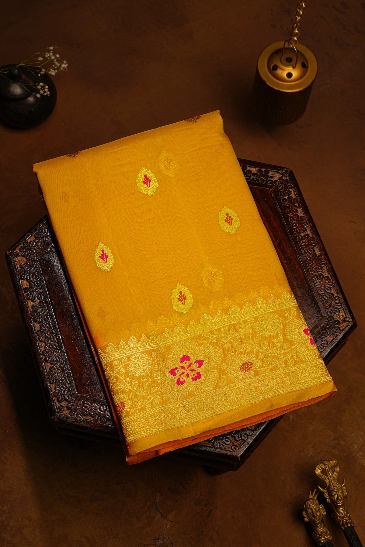 Fancy Organza Mustard Saree With Florals And Buttis Body And Self Florals And Leaves Jaal Border