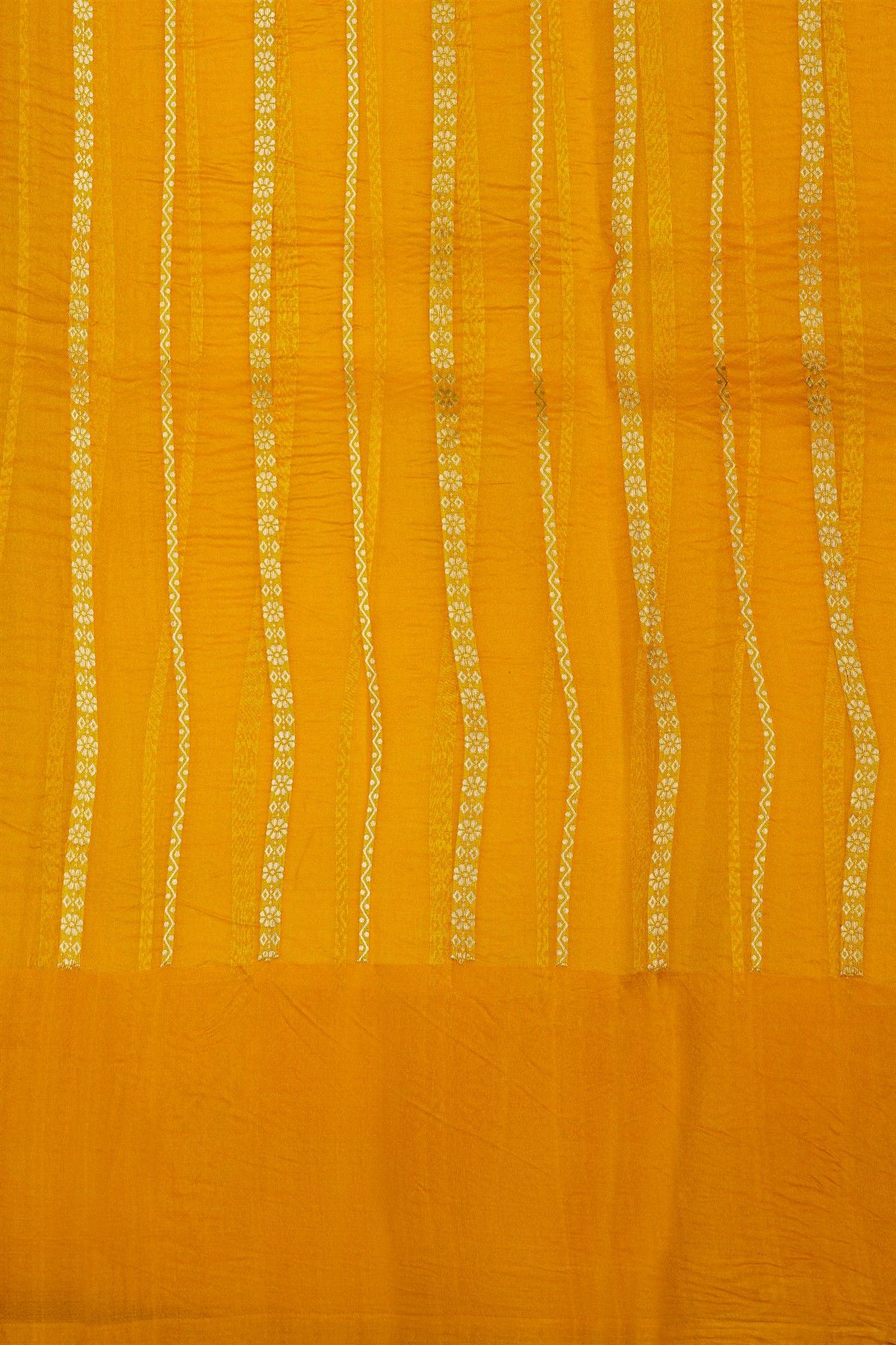 Fancy Organza Mustard Saree With Florals And Buttis Body And Self Florals And Leaves Jaal Border